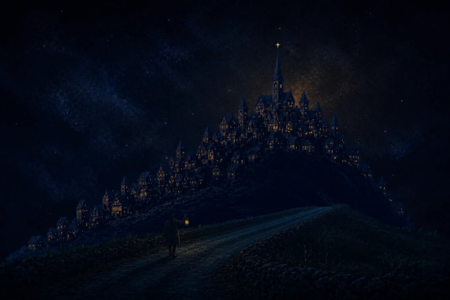 A painted night scene: a city of stone houses and towers crowning a hill, windows glowing warm gold under a starfield, a small chapel spire with a four-pointed cross finial, and a tiny traveler with a lantern on the winding road below.