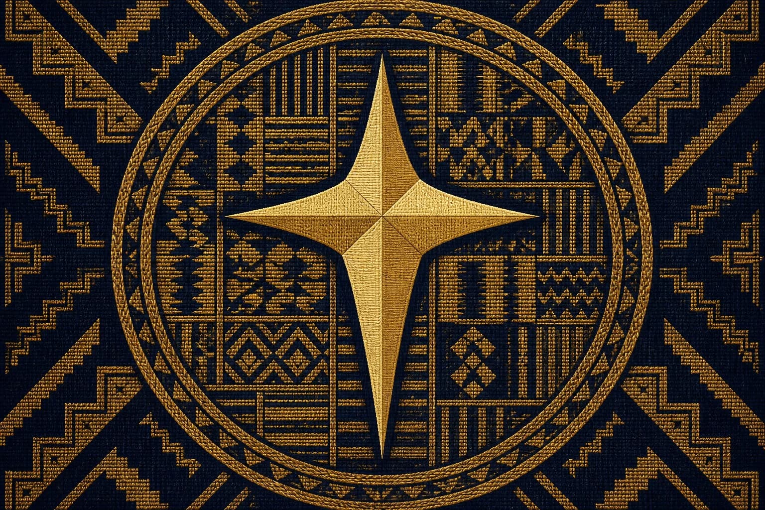 One radiant gold cross with rays at the center of an unbroken circular woven ring; inside, ordered gold kente panels; outside, dark jagged navy motifs press toward the ring but none crosses it.