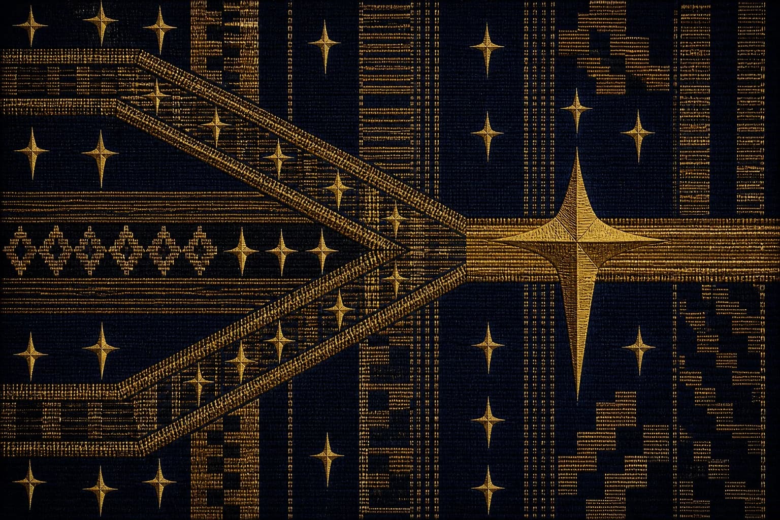 Three woven gold paths converging from the left into one band that runs to a single large embroidered gold North Star Cross right of center, small stitched crosses scattered through the navy field.
