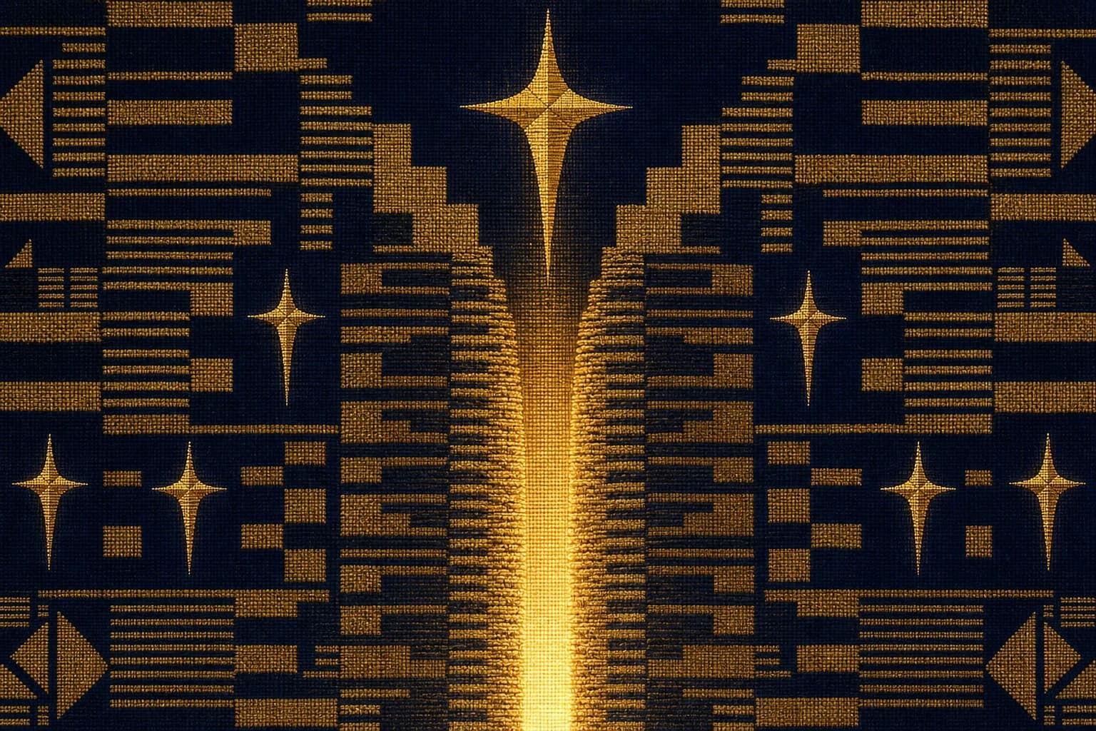 A blazing vertical seam of gold light opening through the center of a cross-patterned navy weave like a gate ajar, the pattern brightening in a gradient toward the opening and falling to darkness at the edges.