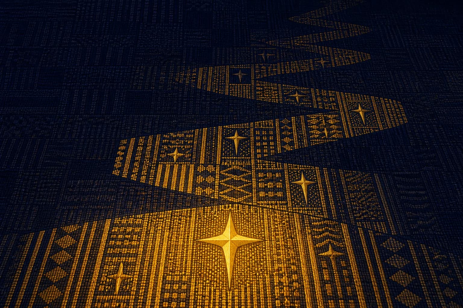 Woven navy-and-gold textile in which a switchback path of lit kente panels descends from darkness at the top to a large embroidered gold North Star Cross at bottom center, glowing brightest around the cross and dimming panel by panel into deep navy.