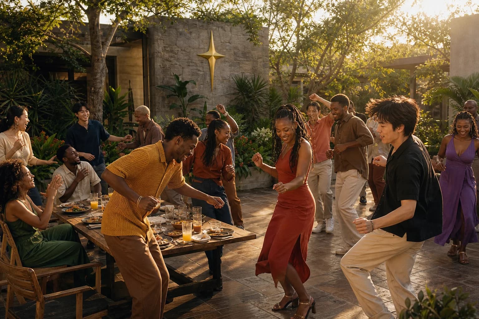 Golden-hour courtyard at a beautiful compound: a long wooden table still set with plates and juice glasses while a joyful, mostly Black and visibly mixed group of young people is up dancing around it, sunlight flaring through the trees, a brass North Star Cross with a long bottom point mounted on the stone wall behind them.