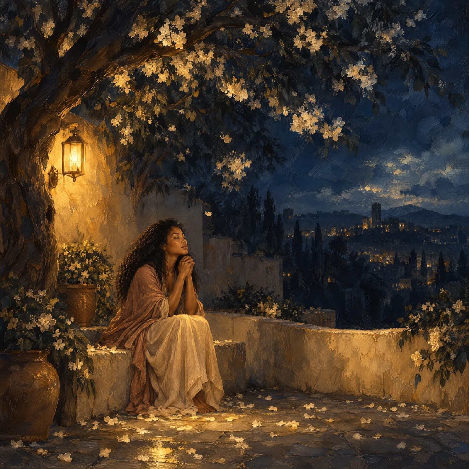 An oil painting of a Blasian woman praying beneath a flowering tree in a lamplit courtyard. White-gold petals surround her ivory dress, with a midnight-blue city and hills beyond the terrace.