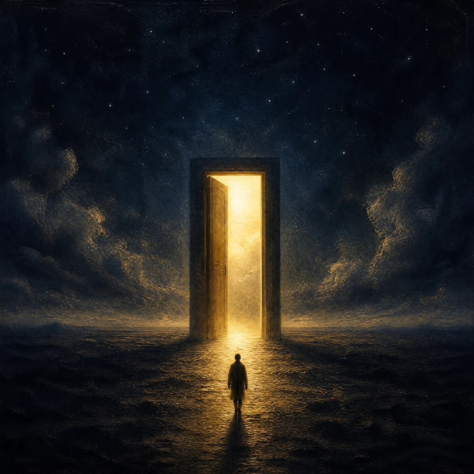 A single tall open doorway standing alone on a dark empty plain under a night sky, warm gold light flooding out through it and running across the ground, with one small figure seen from behind walking toward the opening, still far from it.