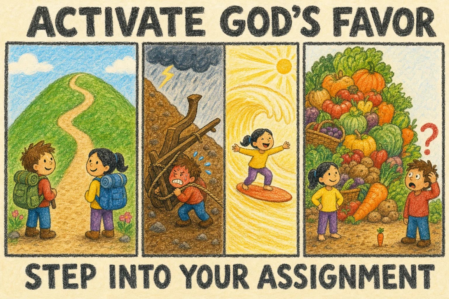 A crayon comic strip. Two friends set off together up a hill. In the middle panels one strains to drag a huge wooden plow up a steep slope under a storm cloud while the other rides a wave of golden light, laughing. In the last panel the surfer stands beside a mountain of harvest and the plow-dragger beside a single small carrot, staring with a question mark over his head.