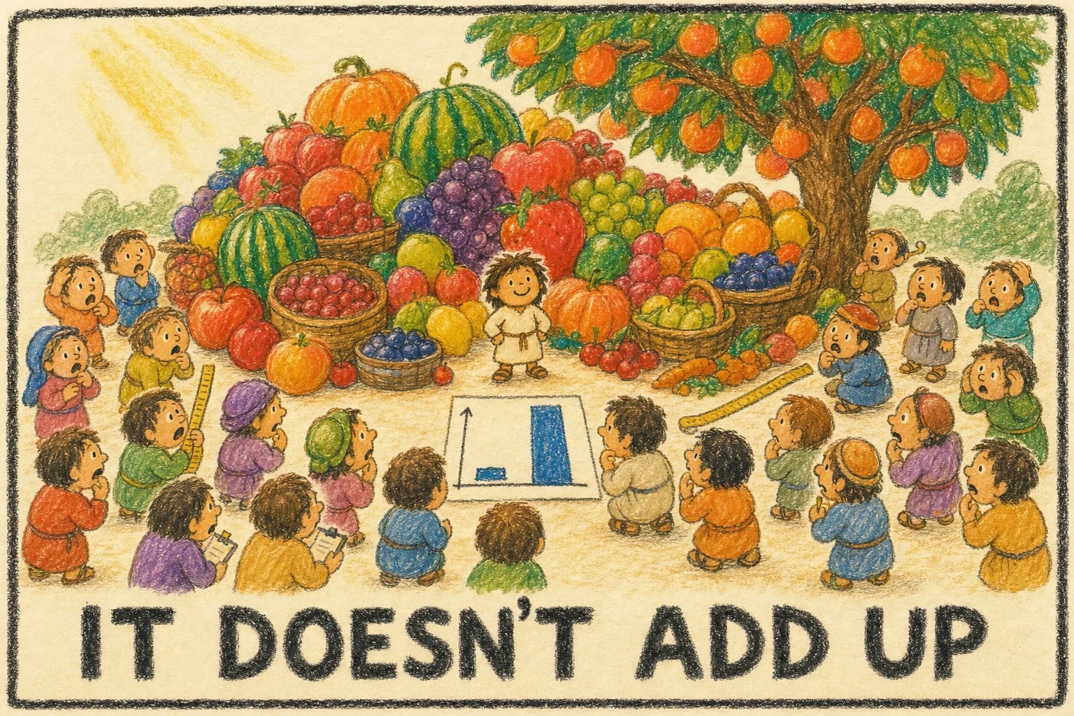A crayon scene. One small ordinary figure stands smiling beside an enormous mountain of fruit and vegetables under a heavy fruit tree, surrounded by a crowd of baffled onlookers holding clipboards and measuring tapes, some scratching their heads, with a small chart on the ground showing a tiny bar beside a giant one.