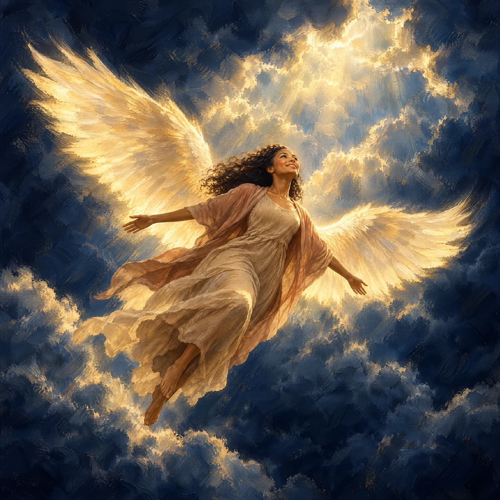 An oil painting of a young Blasian woman soaring upward through breaking night clouds, arms spread wide and face lifted, smiling. Great wings of white-gold light open from her shoulders, her pale robe streams behind her bare feet, and light pours through a gap in the clouds above; thick brushstrokes carry the glow against a deep midnight-navy sky.