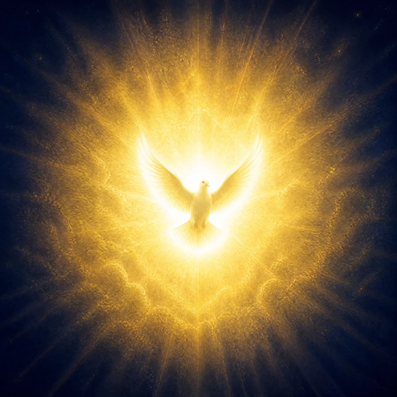 A white dove with its wings raised, hovering at the centre of a vast corona of white-gold light that fills most of the frame and fades outward through warm gold into deep midnight-navy dark at the edges, with faint shafts of light radiating out from behind it.
