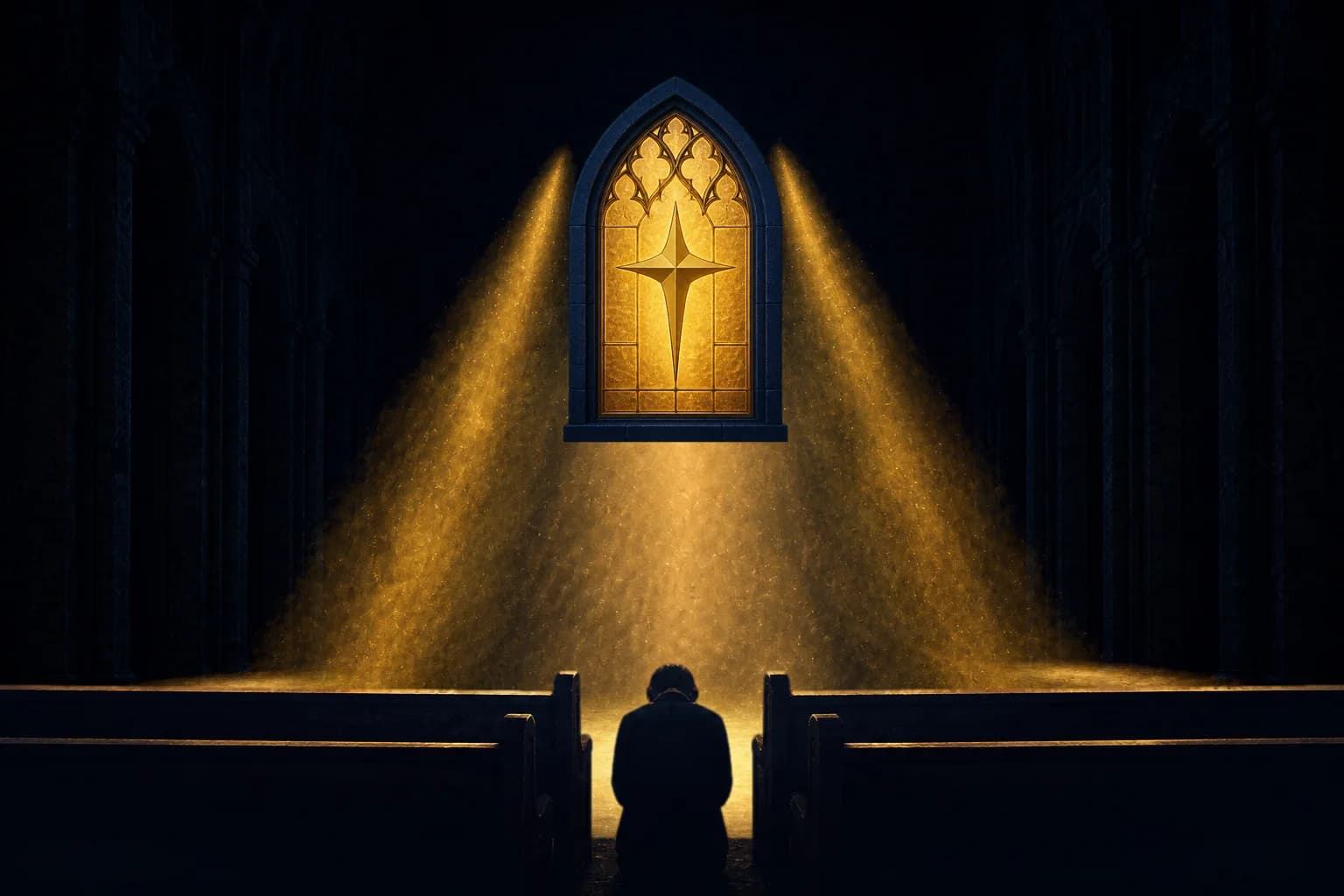 A painted dark chamber where broad gold beams fall from a high arched window with cross-shaped tracery onto a stone floor, dust glowing in the shafts, pew backs and a small kneeling figure silhouetted at the bottom.