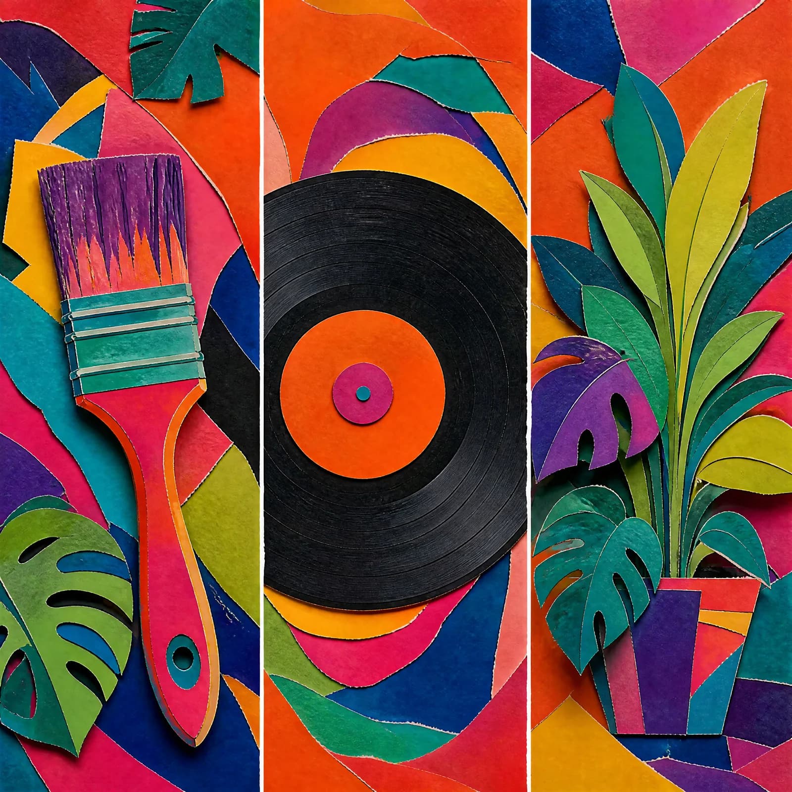 Cut-paper collage in three vertical panels: a paintbrush loaded with violet paint, a black vinyl record with an orange label, and a green plant in a pot, each built from layered torn paper on hot orange and pink grounds.
