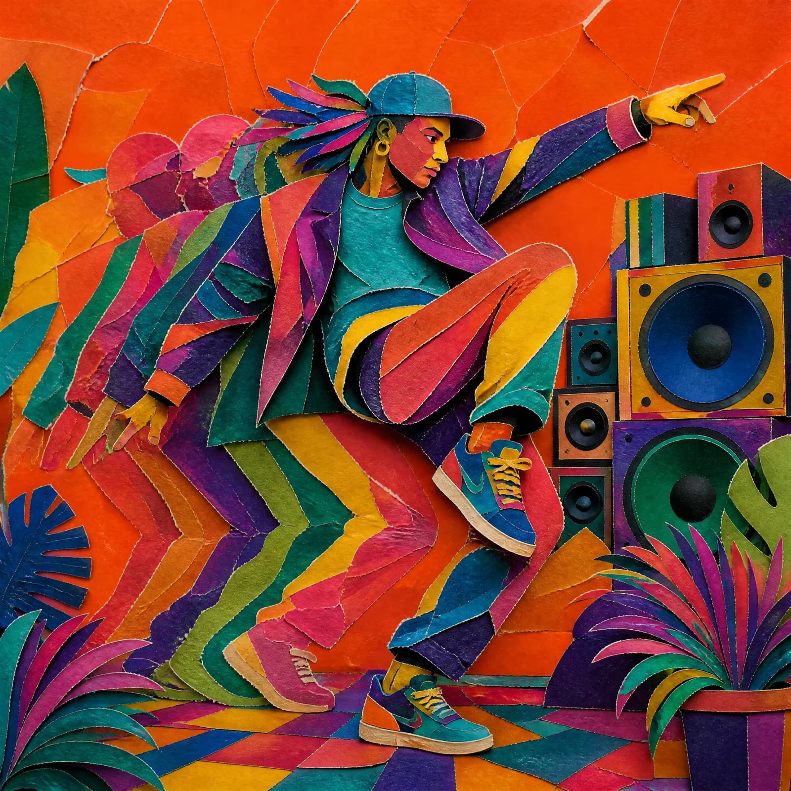 Cut-paper collage of a single dancer caught mid-move in an exaggerated pose, limbs made of long torn paper strips, repeated offset paper silhouettes trailing behind to suggest motion.