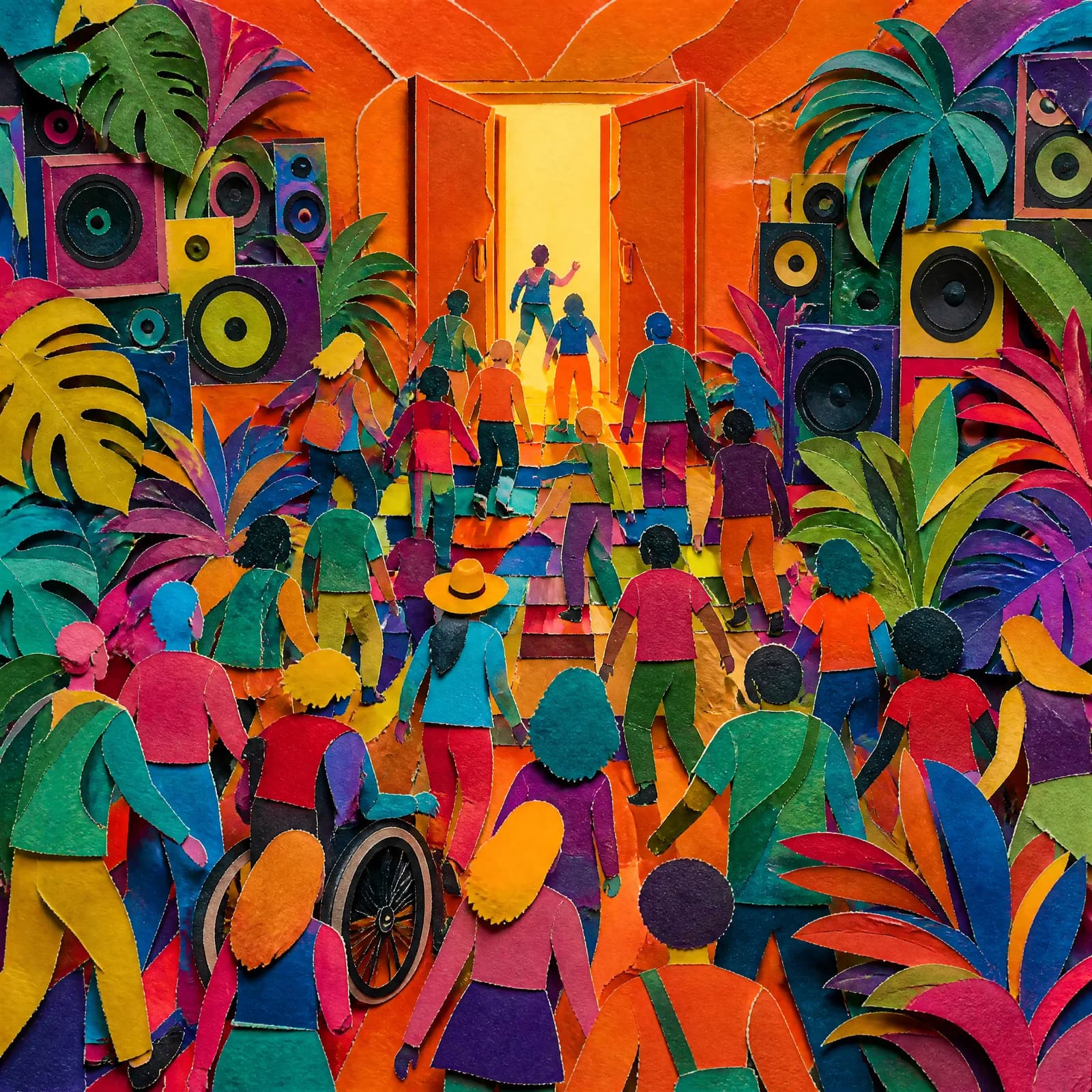 Cut-paper collage of a crowd of figures of many different paper colours walking away from the viewer toward an open doorway spilling warm yellow light, speaker stacks and big paper houseplants crowding both sides.