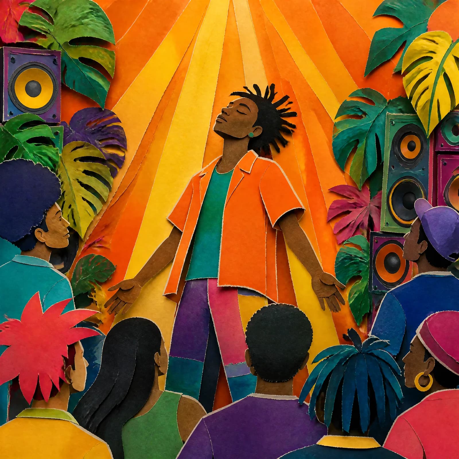 Cut-paper collage of a figure standing with head tipped back and eyes closed, arms loose, lit by a broad fan of warm layered paper light coming down from the top of the frame, other figures around them turned toward it.