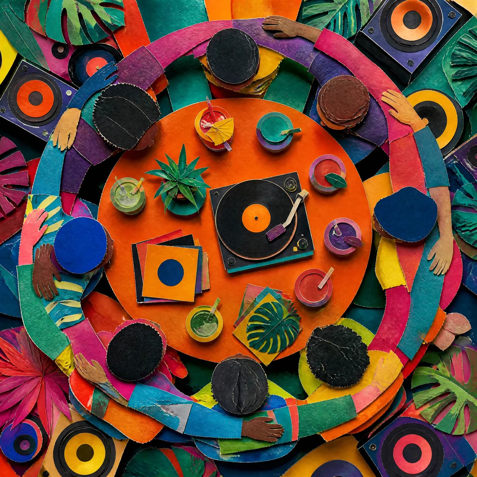 Cut-paper collage seen from above of linked arms forming a circle around a low table, hands overlapping, a record and drinks between them, all layered torn paper.