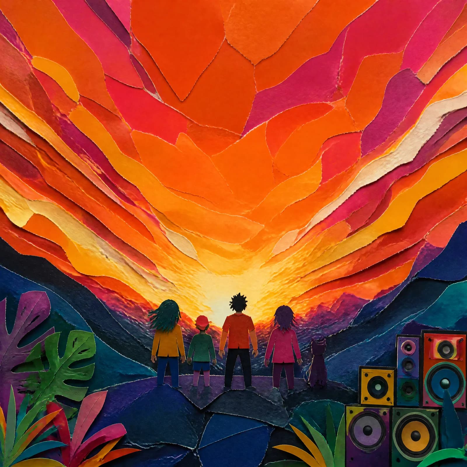 Cut-paper collage of a sky torn open in bands of pink, red and orange above dark blue mountains, with four small silhouetted figures standing on a rock in the foreground looking toward the light, speaker stacks at the lower right.