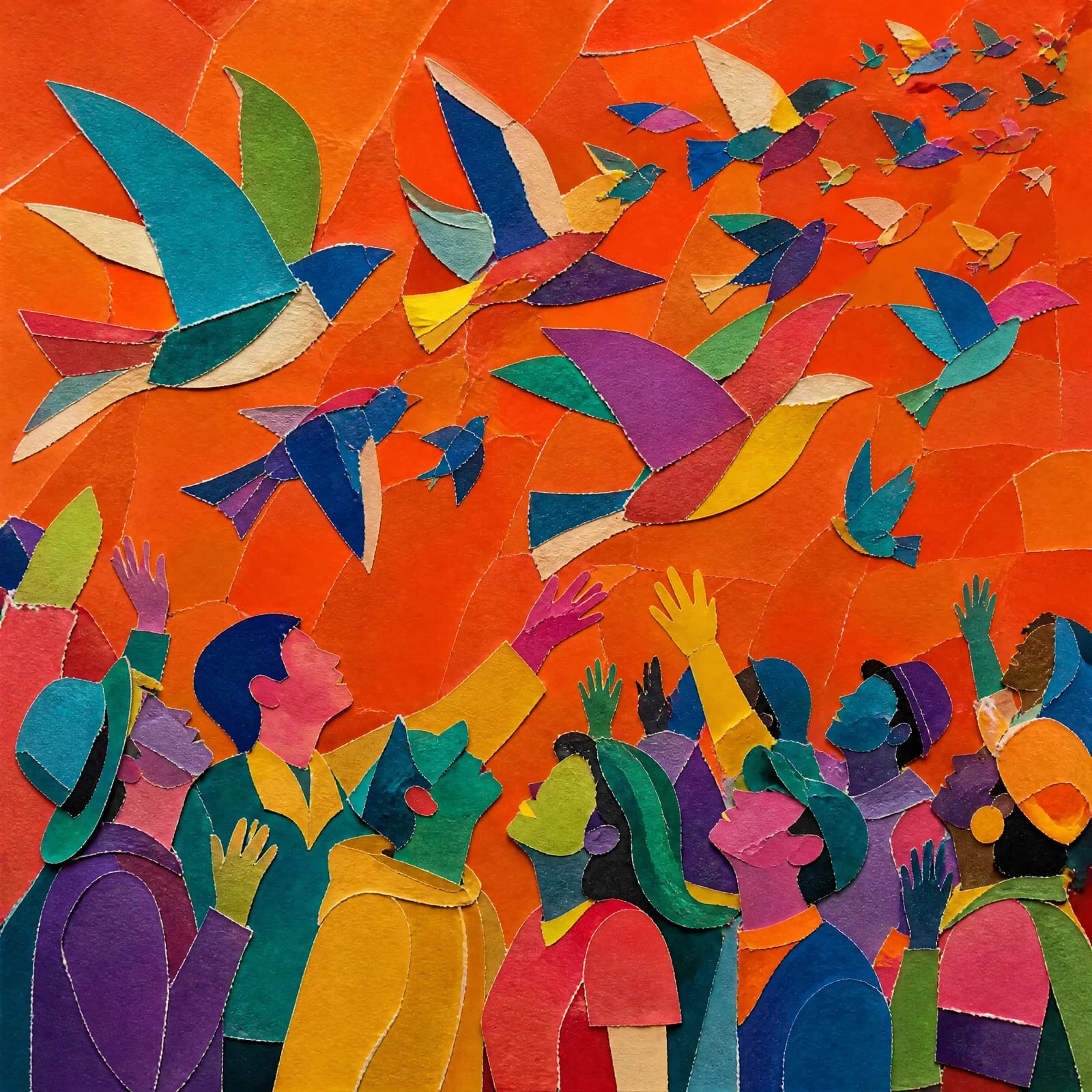 Cut-paper collage of a flock of paper birds rising diagonally across an orange sky above a small crowd of upturned faces, every bird a different colour of torn paper.