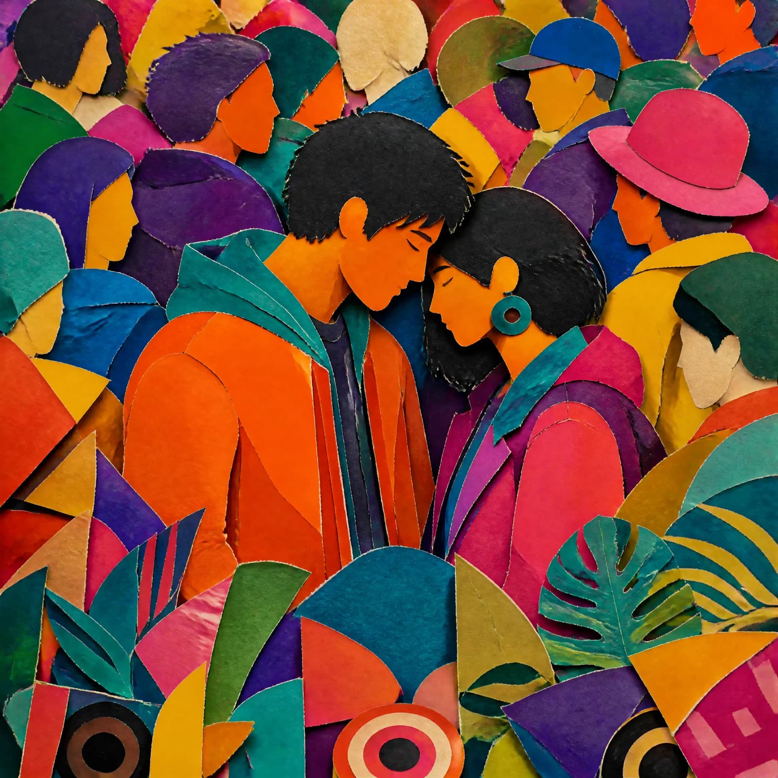 Cut-paper collage of two figures standing close together in a dense crowd, heads tipped toward one another, their faces and coats built from layered torn paper in orange, teal, magenta and violet, the crowd around them breaking into flat overlapping paper shapes.