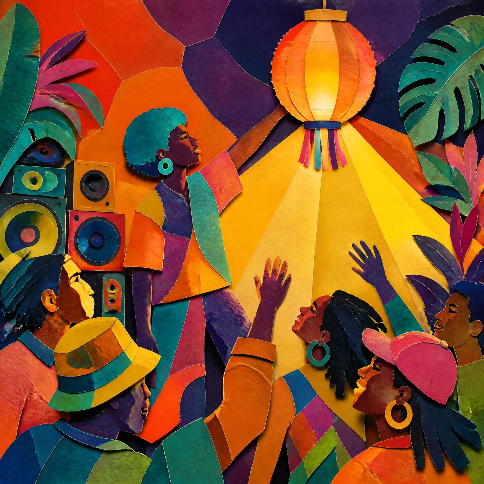 Cut-paper collage of a figure holding up a glowing orange paper lantern, its light falling as hard-edged yellow rays across three upturned faces below, speaker cabinets and torn colour fields behind.