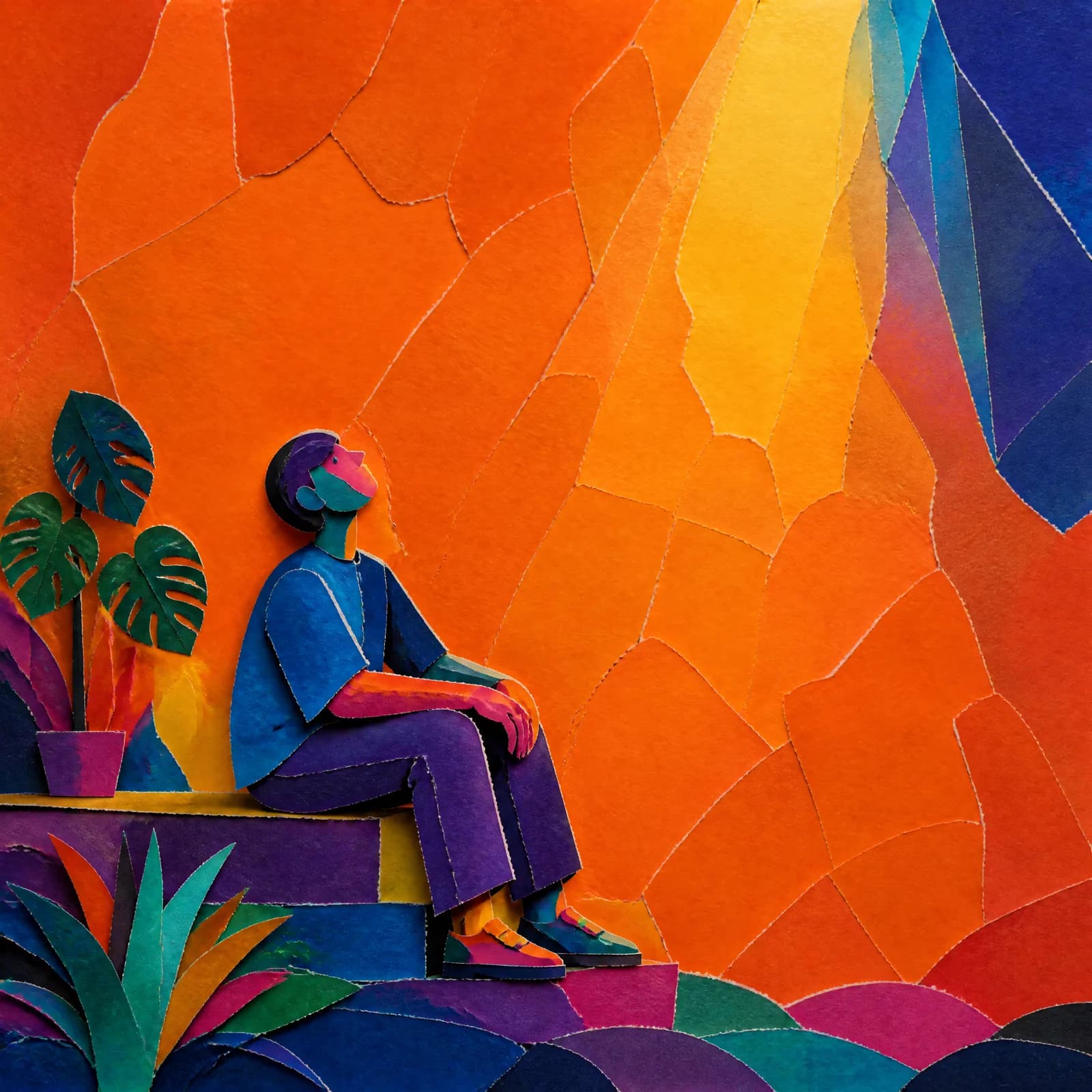 Cut-paper collage of a single figure seated alone on a low step with head tipped back, a narrow fan of pale paper light falling on them, most of the frame given to deep calm blue and violet paper.