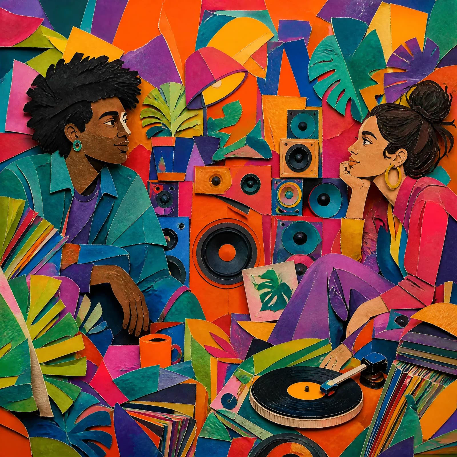 Cut-paper collage of two figures catching each other's eye across a crowded room, the space between them filled with busy overlapping paper shapes and the two of them slightly larger.