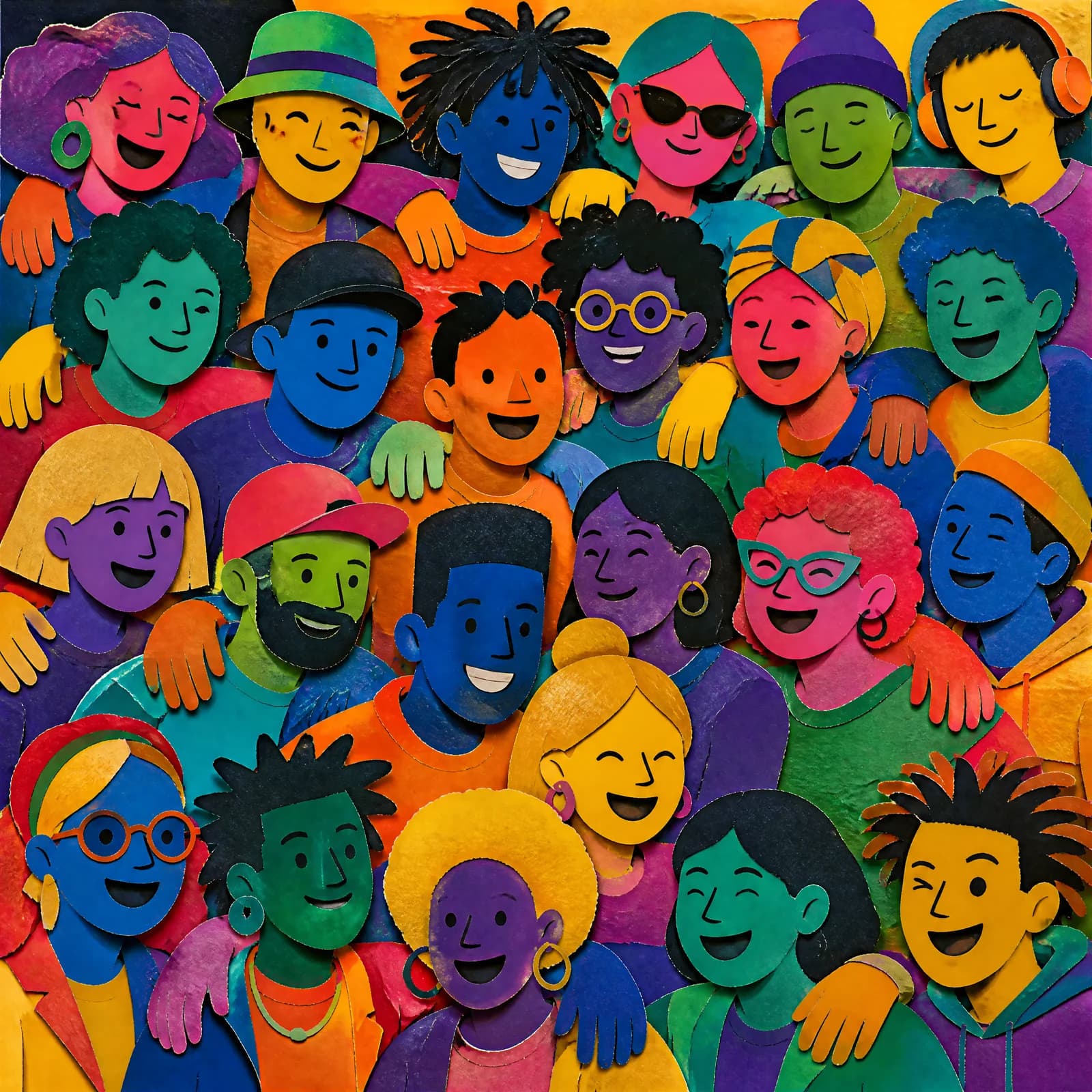 Cut-paper collage group portrait of many figures crowded shoulder to shoulder filling the whole frame, each face and coat a different saturated paper colour, arms around one another.