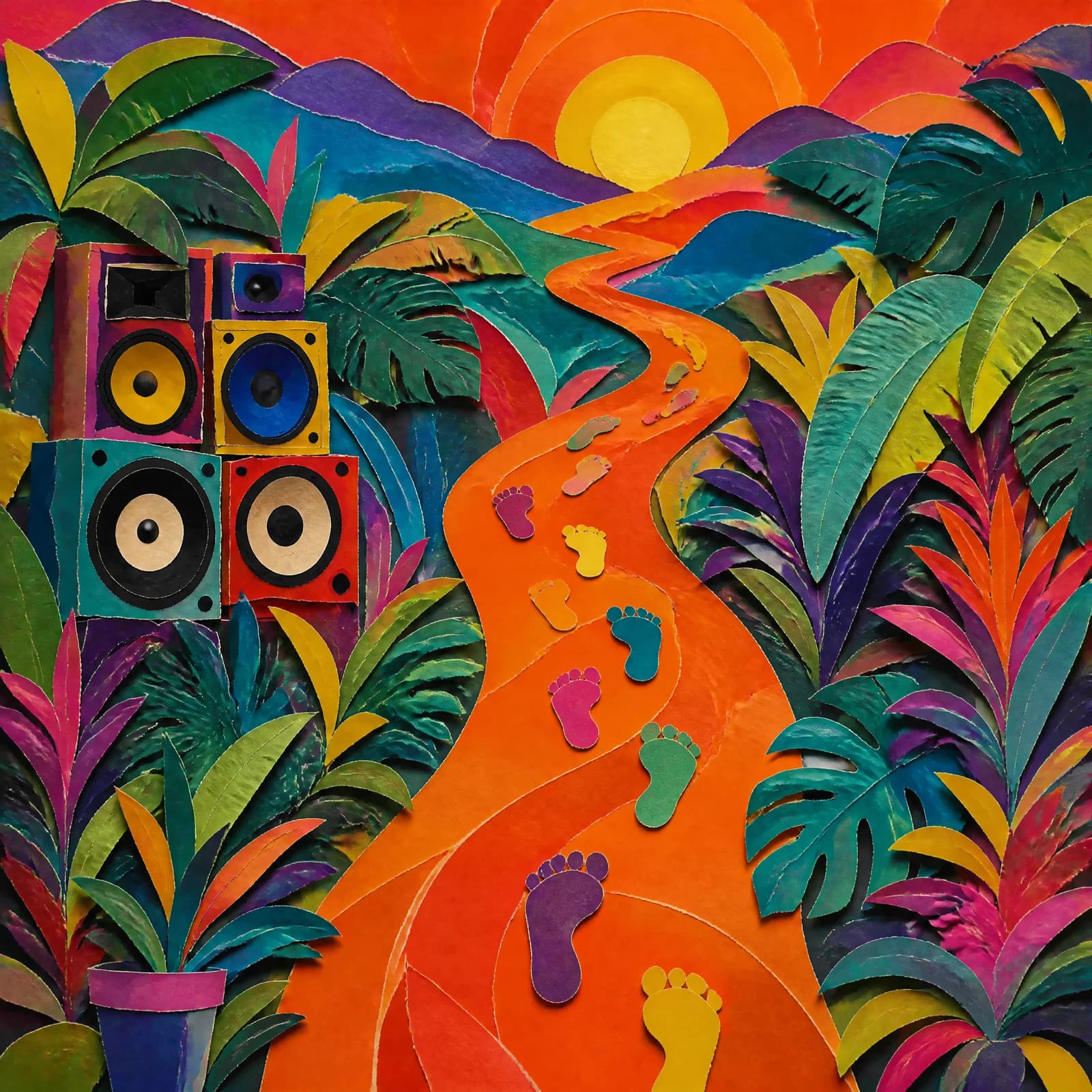 Cut-paper collage of a winding orange path running from the bottom of the frame toward a yellow sun on the horizon, paper footprints along it, speaker cabinets on the left and big tropical leaves crowding both sides.