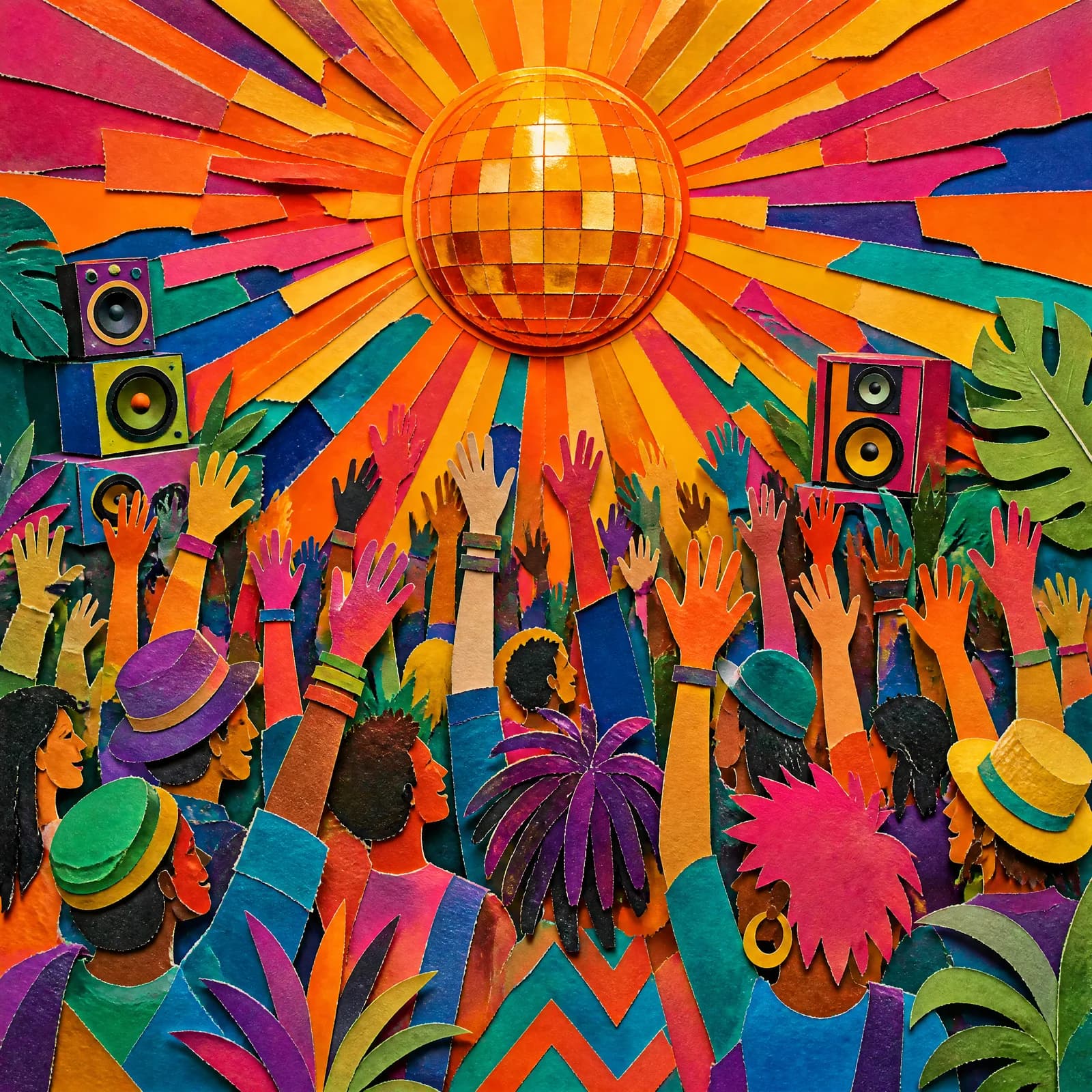 Cut-paper collage of a gold mirror ball high in the frame throwing hard-edged paper rays across an orange sky, with dozens of raised hands and hats below it in saturated torn paper of every colour.