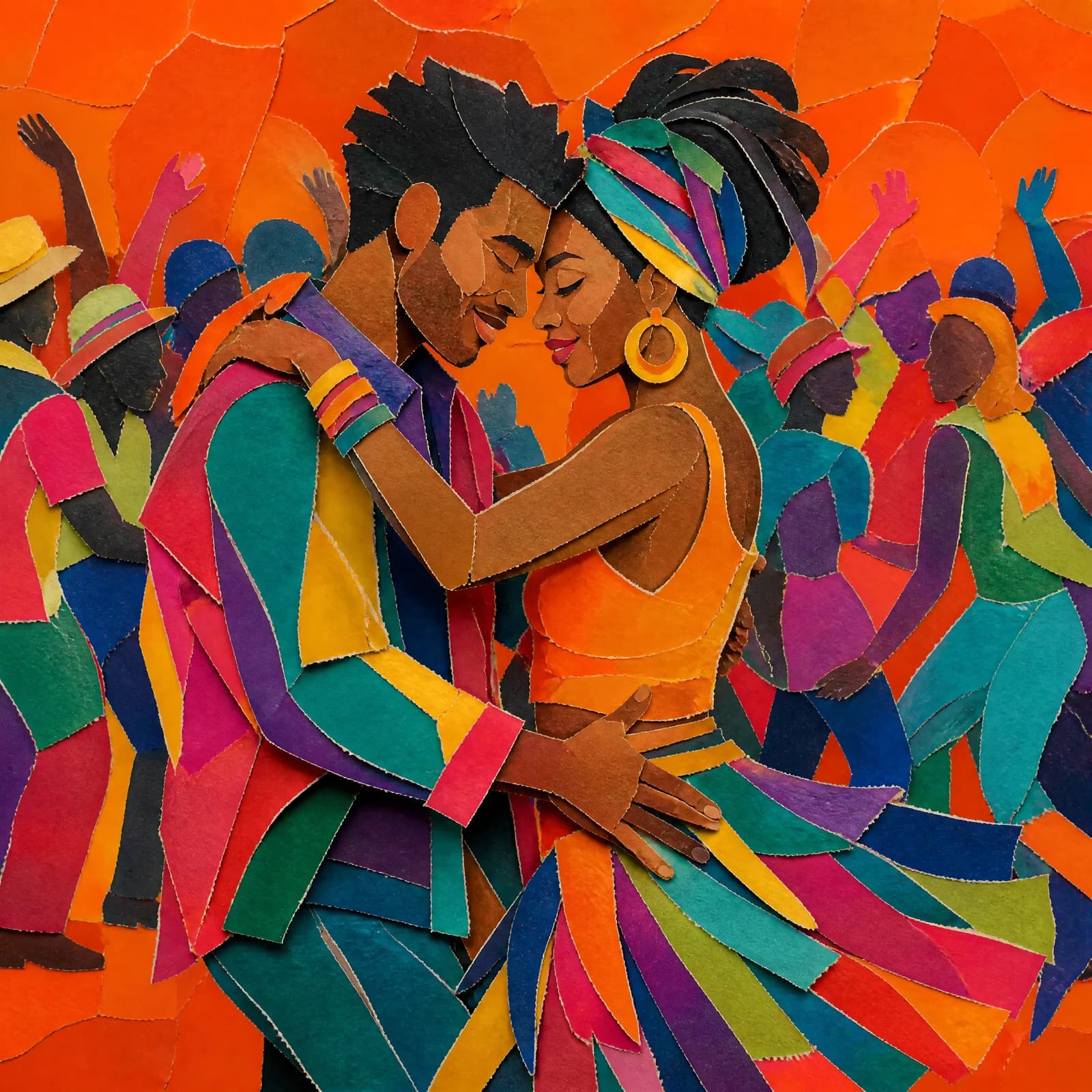Cut-paper collage of two figures dancing close together, foreheads nearly touching and one hand at a waist, built from overlapping layers of torn paper in orange, magenta and teal, the crowd behind them dissolving into flat colour shapes.