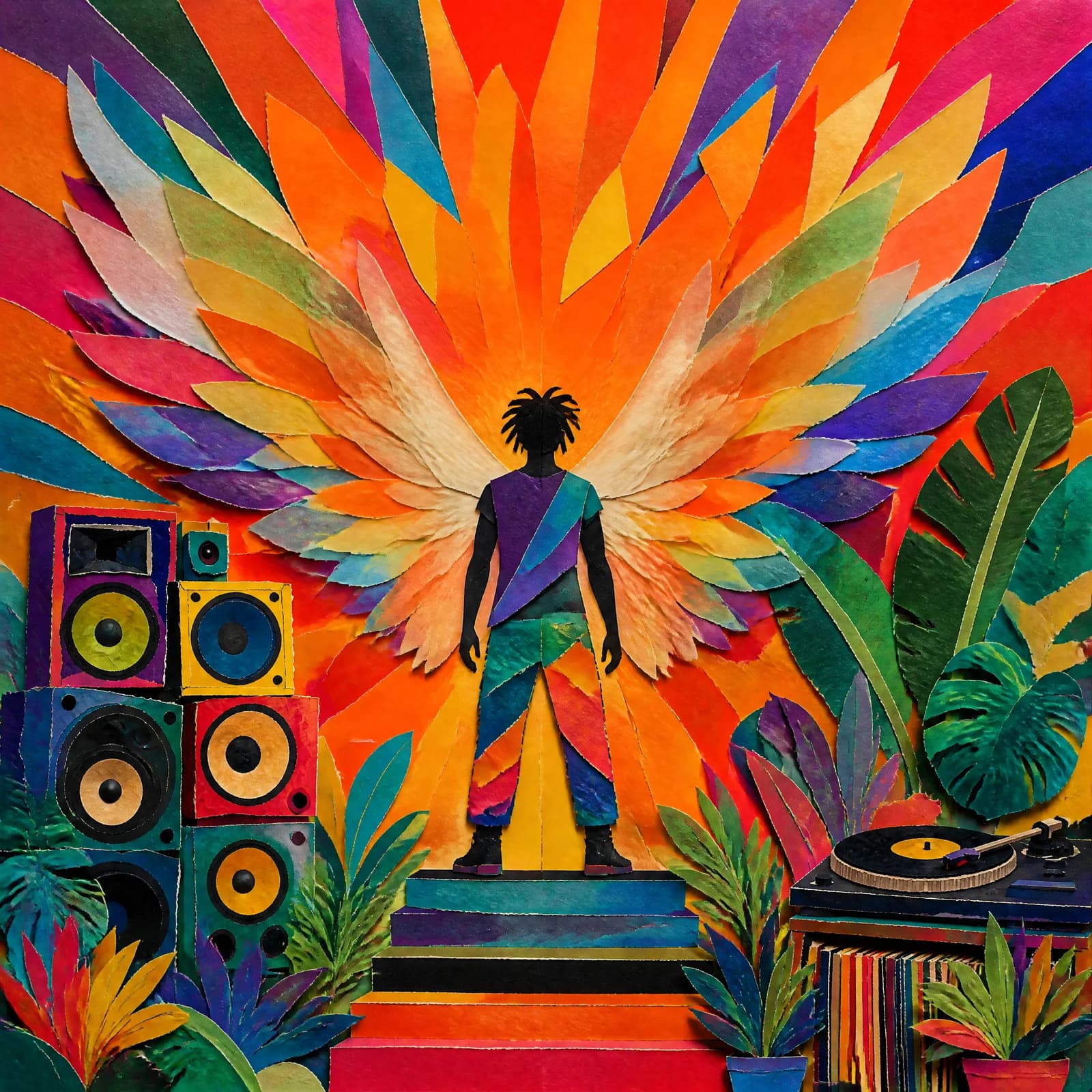 Cut-paper collage of a lone figure standing with huge layered translucent paper wings spread wide, warm orange and scarlet papers radiating outward behind them to the edges of the frame.