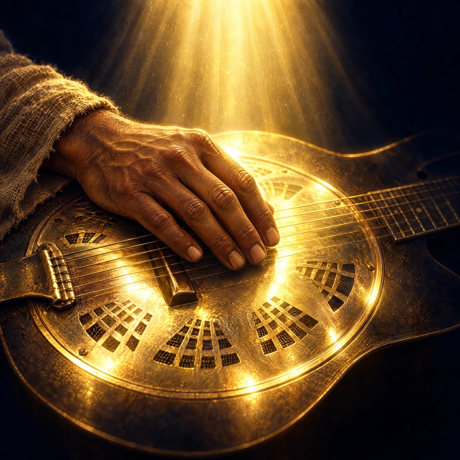 A close view of the round steel resonator plate of an old blues guitar, a weathered olive-brown hand resting still across the strings. A wide fall of white-gold light from above turns the steel and the strings to gold, and the rest of the guitar and the player dissolve into deep midnight blue darkness.