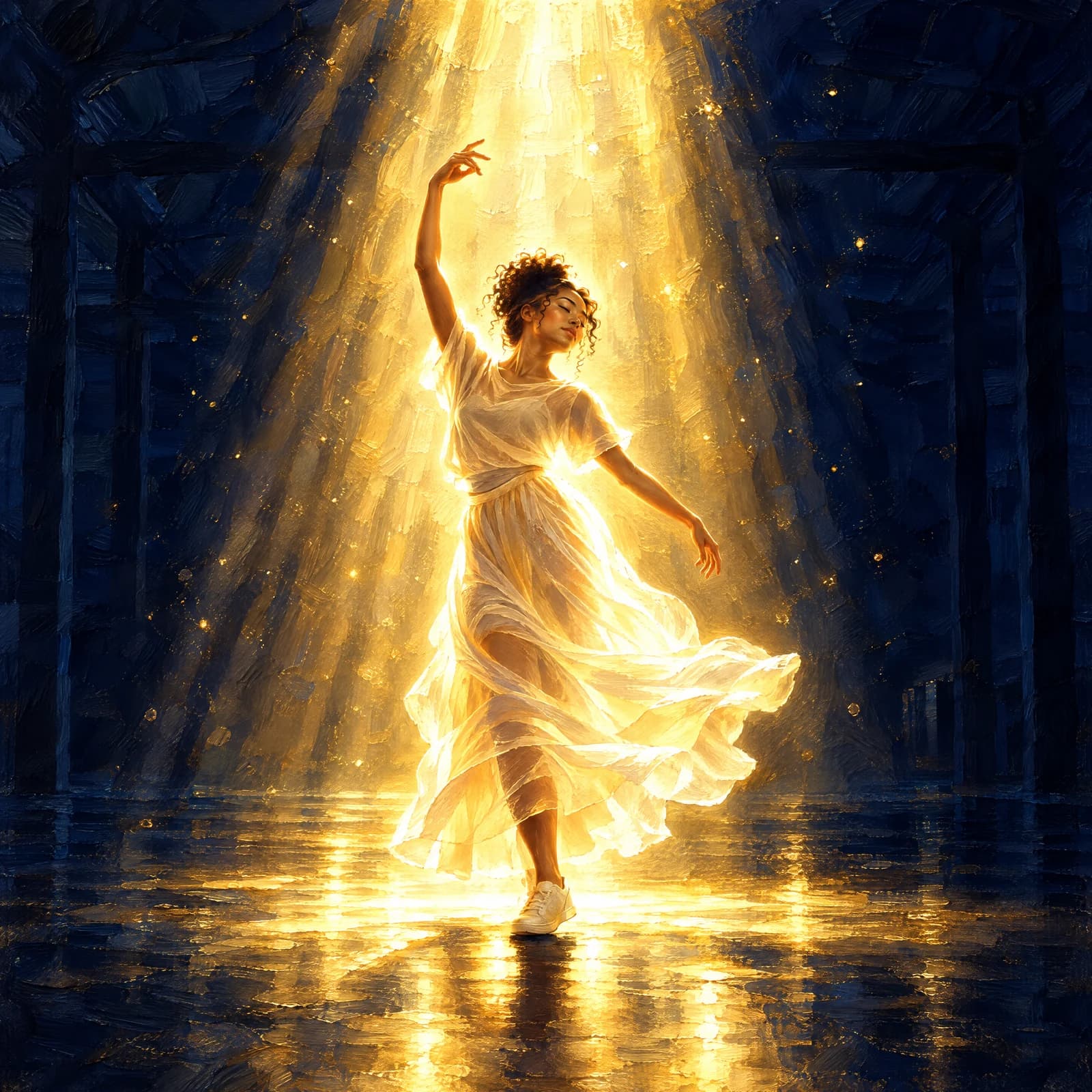An oil painting of a young Blasian woman dancing alone on a dark warehouse floor, eyes closed, one arm raised high and the other swept low, in a sheer white dress and white sneakers. A single wide shaft of white-gold light falls on her from far above and pools in reflections on the wet floor; thick brushstrokes carry the light, and the rest of the room is deep midnight blue.