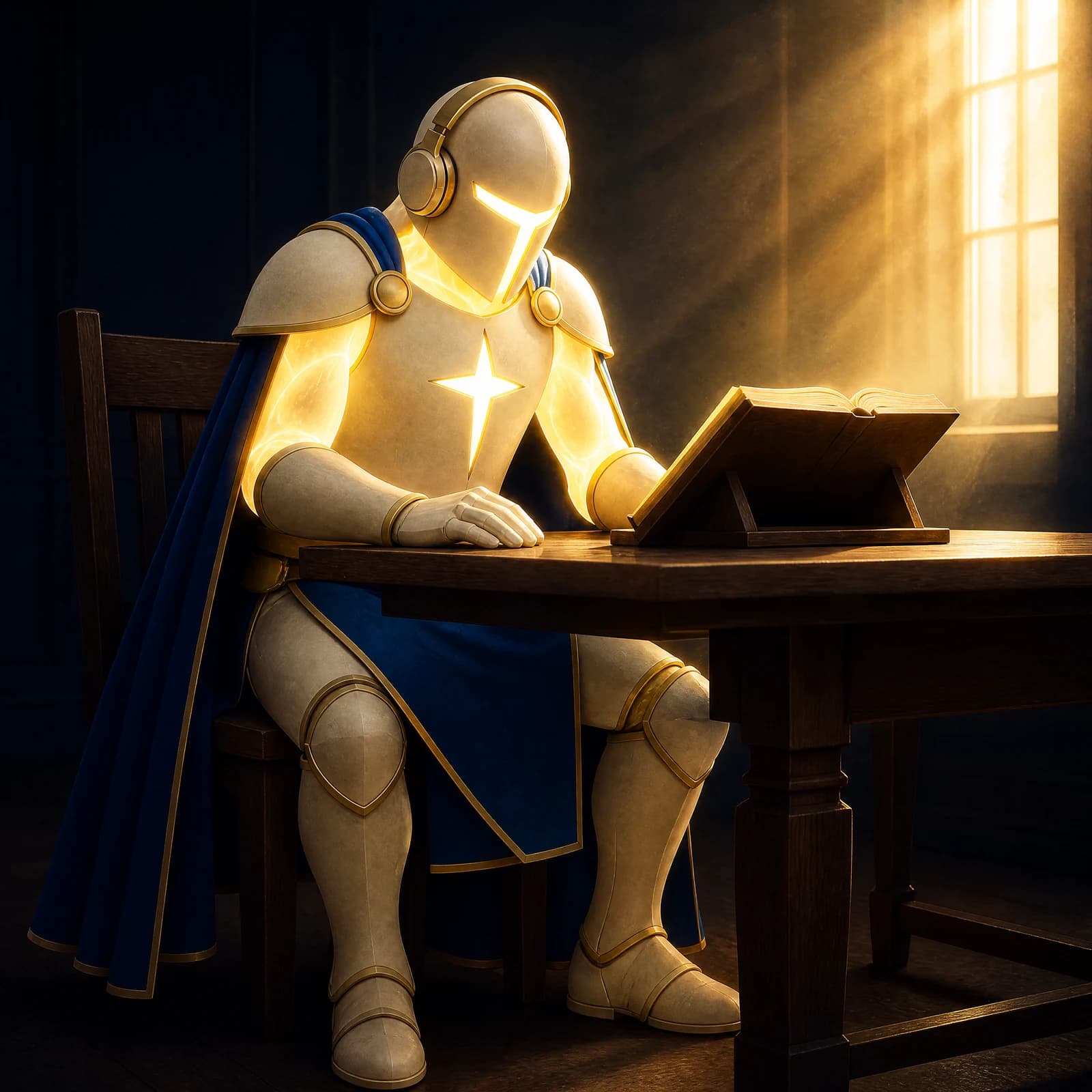 A faceless figure in matte bone-cream armour sits at a wooden desk in a dark navy room, wearing large gold over-ear headphones, head bowed toward an open book propped on a low angled wooden stand; a four-pointed star glows on the chestplate and a shaft of warm gold light falls across the desk from a tall window behind him.
