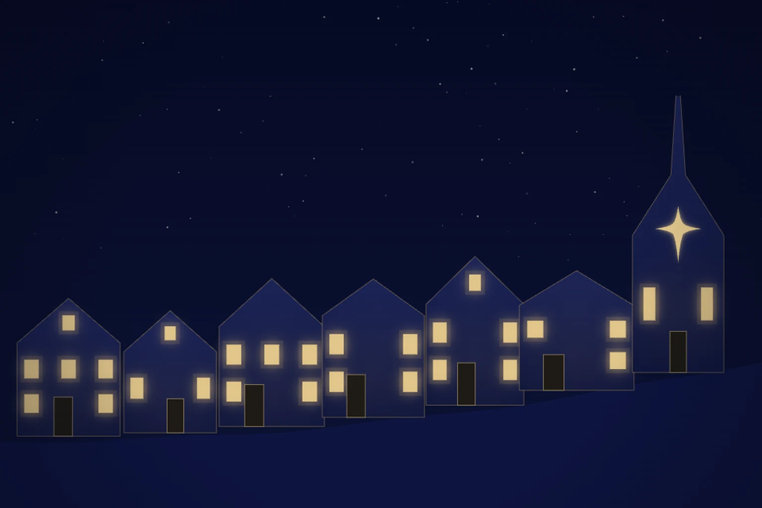 A generative night scene of seven stone houses with warm gold lit windows rising along a dark hillside under twinkling stars, a chapel at the crest whose glowing rose window is a four-pointed North Star Cross.