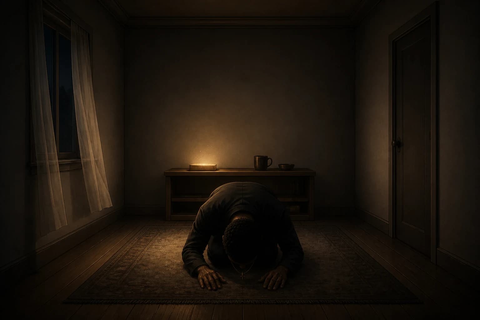 Anime illustration in near-black and warm gold. A small, tidy, almost empty room at night with a curtained window and a shut door. A man lies face down on a rug in the centre of the bare wooden floor, forehead to the boards, hands flat in front of him. The only light is a faint glow from a closed book on a low shelf behind him.