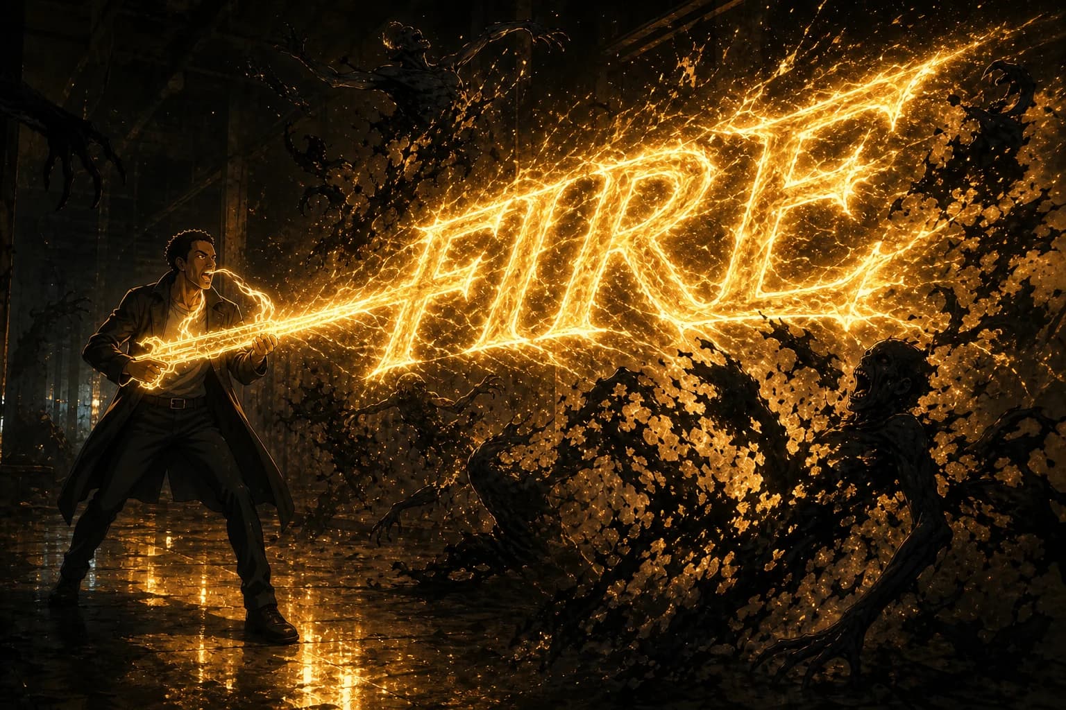 Anime illustration. In a derelict warehouse a man braces a rifle of golden light, mouth open mid-shout. From the muzzle the single word FIRE erupts across the entire frame in enormous burning letters, flooding the space with gold and blowing a mass of shadow-creatures apart in every direction.