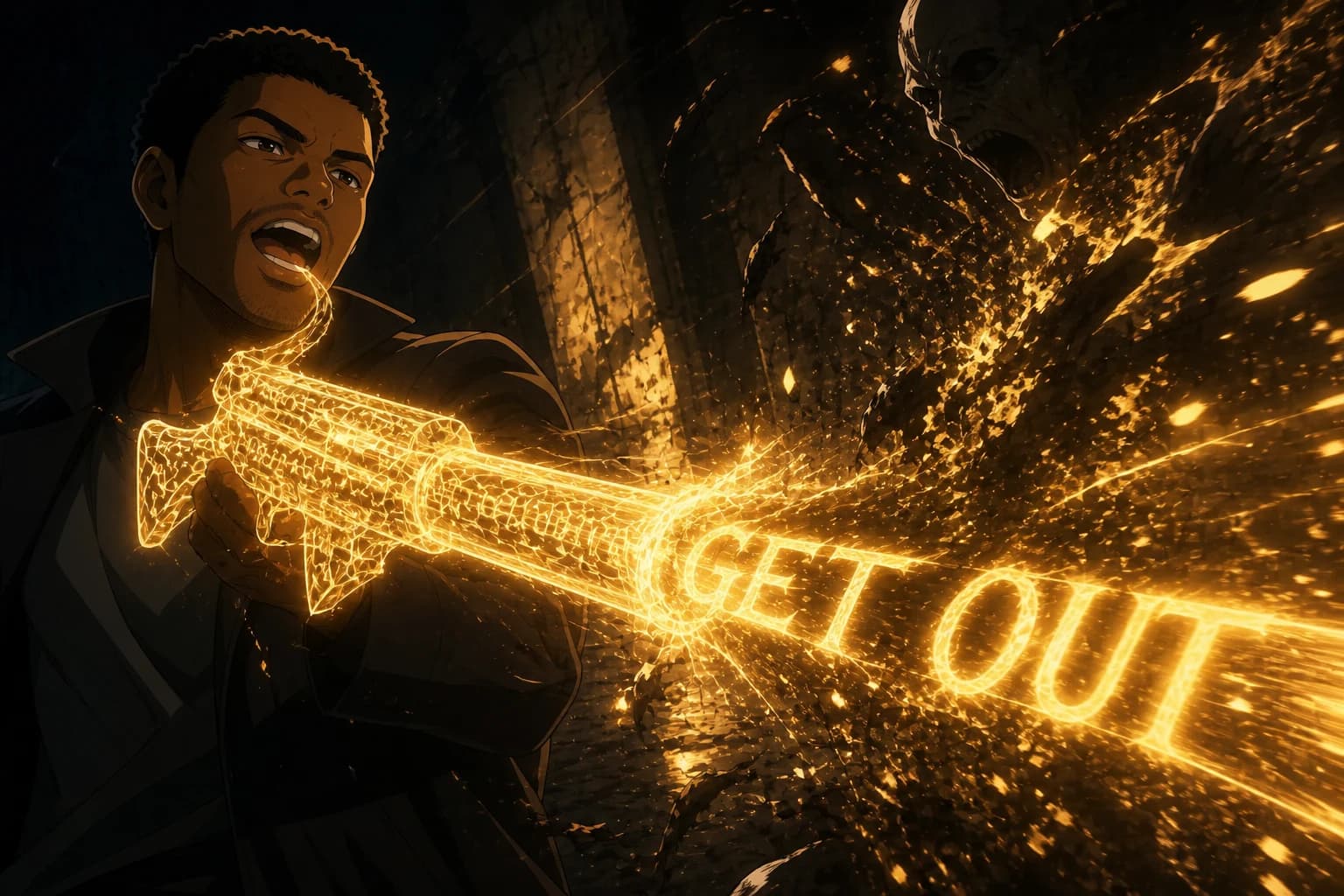 Anime illustration, close and low. A Black and East Asian man fills the left of the frame, mouth open mid-shout, shouldering a translucent rifle made of golden light. From its muzzle an enormous blast of gold fills the right half of the frame, carrying the letters GET OUT into a disintegrating shadow-mass.