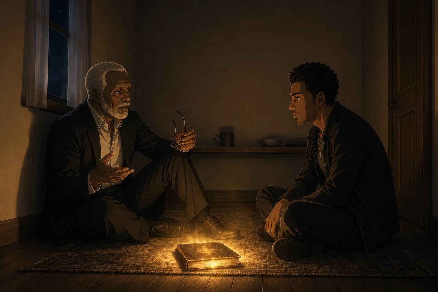 Anime illustration. Two men sit on the floor of a small tidy room at night, level with each other. On the left an older Black man in his seventies with close-cropped white hair, a white beard and a well-made dark jacket over an open collar sits with his back to the wall, knees up, reading glasses in one hand, mid-sentence. On the right a younger Black and East Asian man sits cross-legged on a rug, listening. Between them on the floor lies a closed worn book giving off a low golden glow that lights both their faces from below.