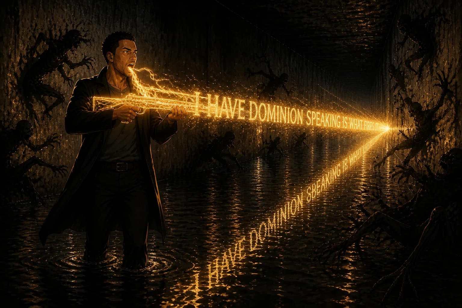 Anime illustration. A man strides through a long flooded underpass in ankle-deep black water, shouldering a rifle of golden light, mouth open mid-sentence. From the muzzle the words I HAVE DOMINION stream the length of the tunnel in perspective, reflected in the water below, while gaunt shadow-creatures scatter along both walls.