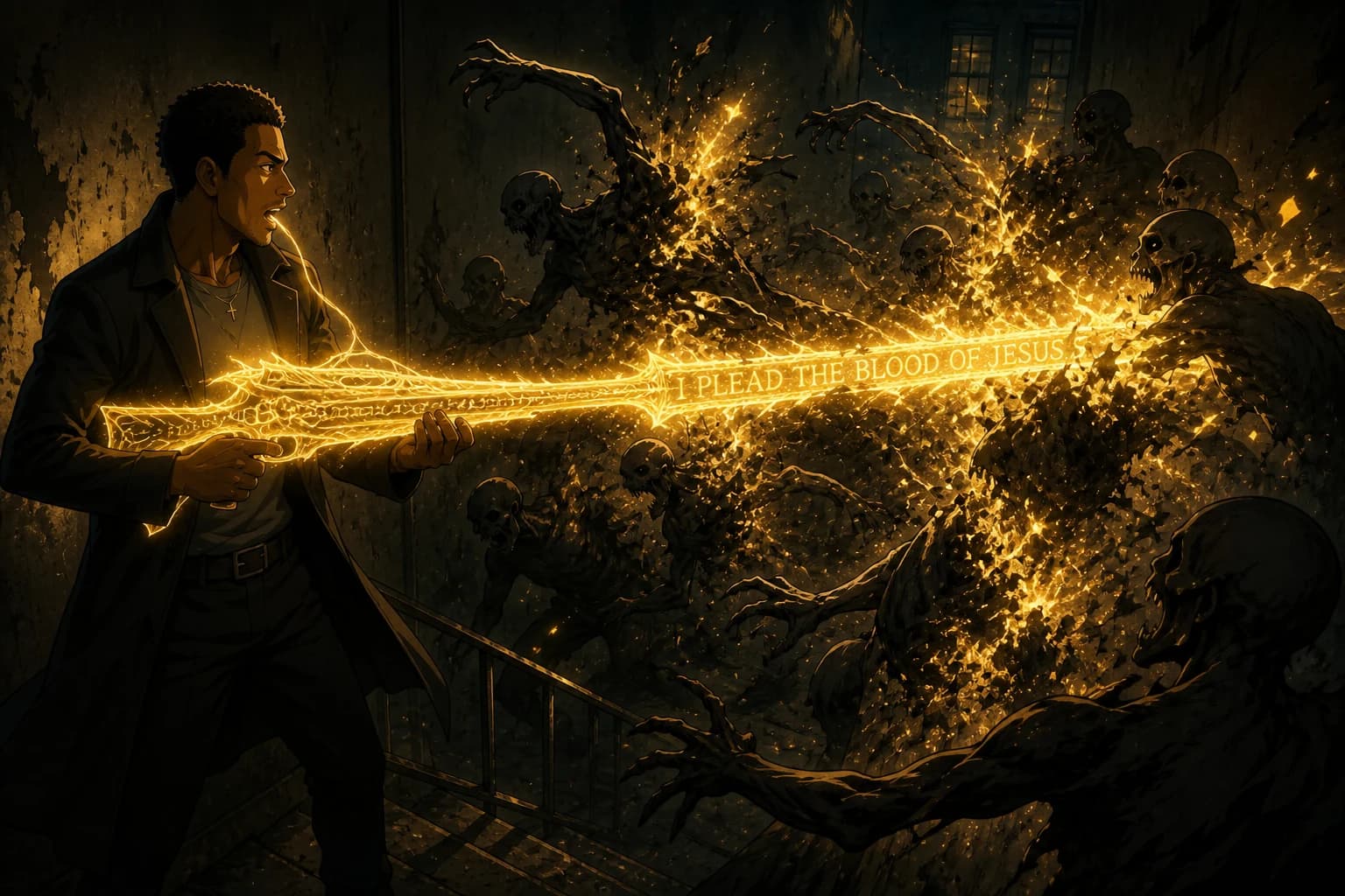 Anime illustration. On a narrow tenement stairwell landing crowded with gaunt shadow-creatures, a man braces a rifle of golden light with both hands, mouth open mid-sentence. From the muzzle the words I PLEAD THE BLOOD OF JESUS drive straight through the middle of the crowd, and the creatures along its length come apart into ash and golden sparks.