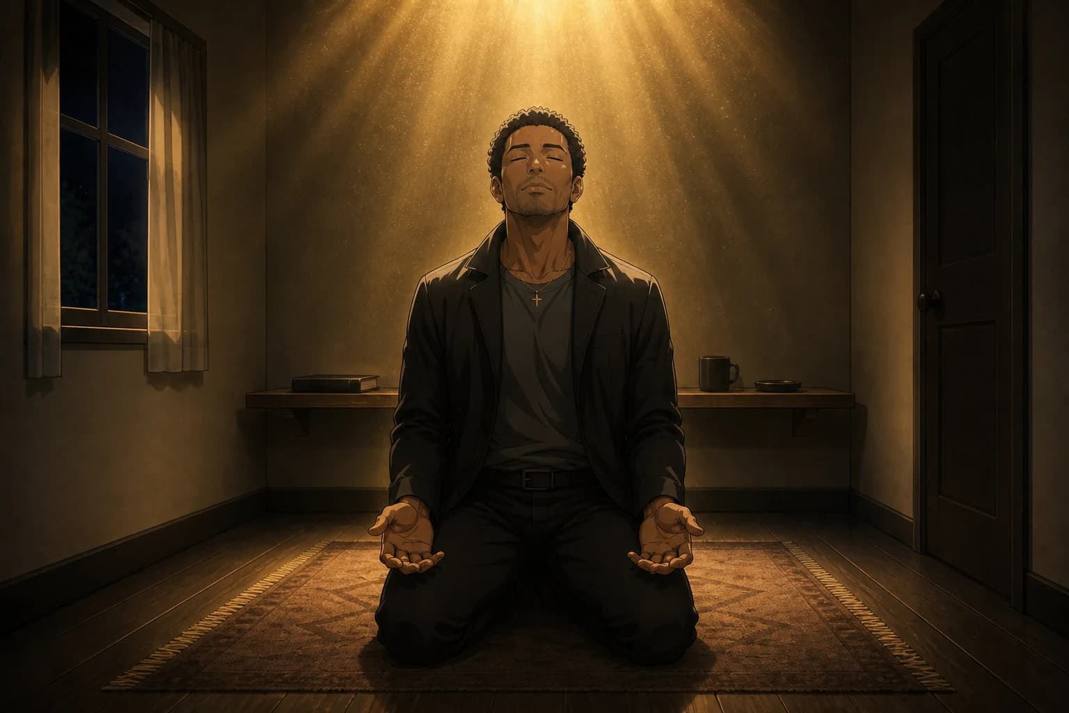 Anime illustration. A man kneels upright on a rug in a small tidy room, eyes closed, head tipped slightly back, palms open on his knees. Golden light pours down from above and outside the frame, breaking over his head and shoulders, filling the room and catching the dust in the air. His face is calm and at peace.