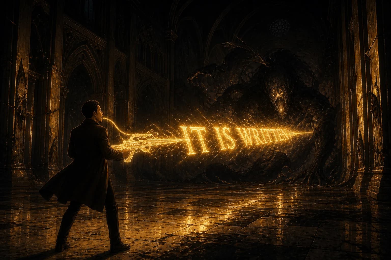 Anime illustration in near-black and gold. Inside a vast dark cathedral hall a man braces a rifle of golden light, mouth open mid-sentence. From the muzzle the words IT IS WRITTEN cross the whole length of the hall in perspective, lighting the stone columns and the wet floor, and strike an enormous coiled shadow-creature at the far end.