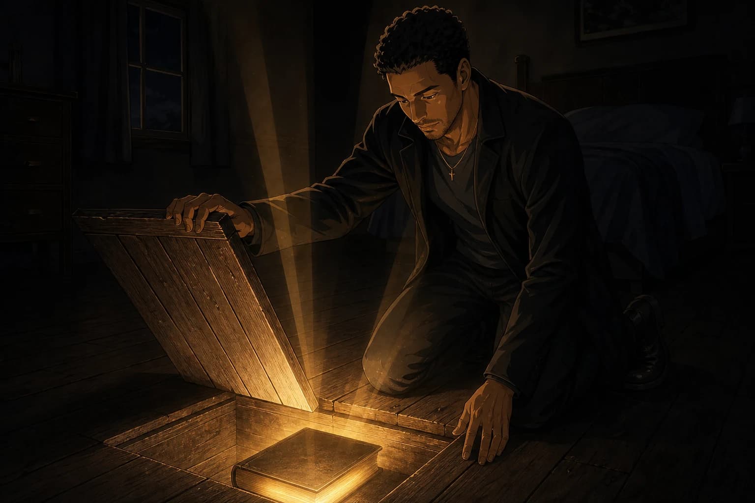 Anime illustration in near-black and gold. A Black and East Asian man kneels on the floorboards of a dark bedroom beside a hinged hatch he has propped open. In the cavity lies a single plain worn book, and hard golden light escapes from between its closed pages, lighting his face and the ceiling. It is the only light in the room.