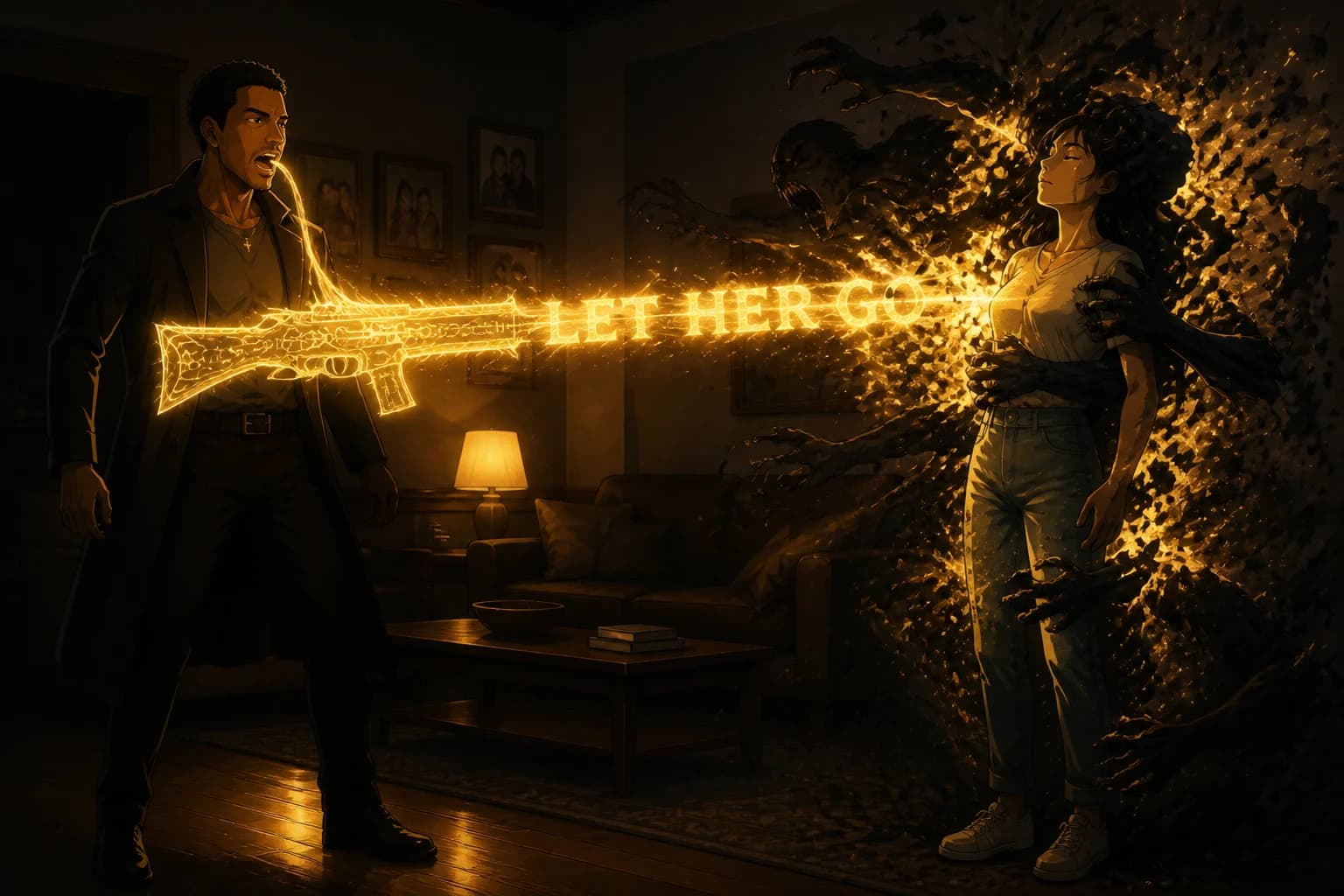 Anime illustration. In an ordinary living room with a lamp on and family photographs on the wall, a man holds a rifle of golden light level, mouth open mid-sentence. From the muzzle the words LET HER GO cross the room and pass through a many-handed shadow clamped around a young woman’s head, blowing it apart into ash. She stands upright and unhurt, eyes opening, lit warm.
