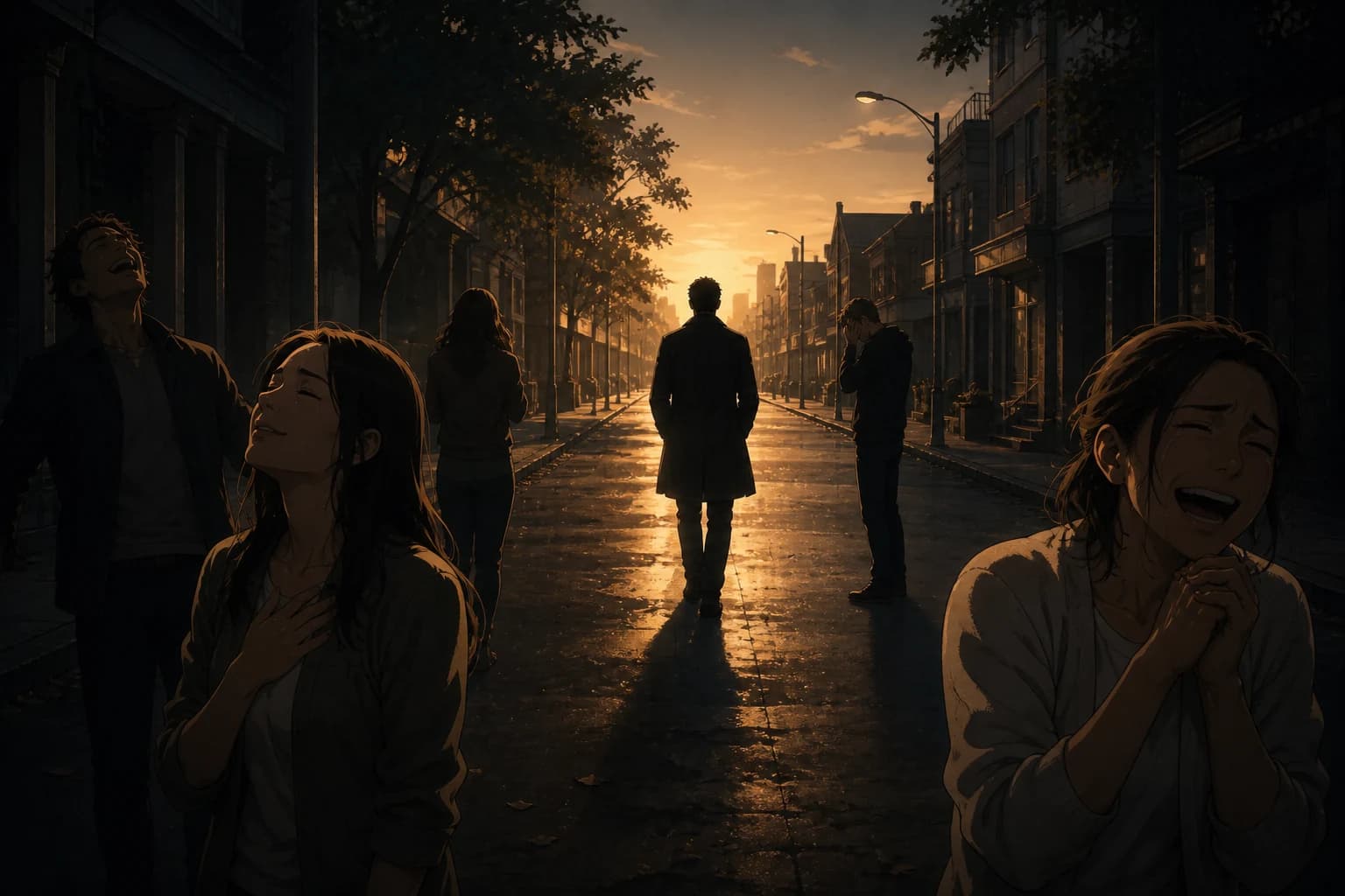 Anime illustration at dawn. An ordinary intact street with the dark just lifting. Several people stand scattered along it blinking and looking around as if waking, one laughing, one crying with relief. A man walks away from them with his back to us, half a block off, hands in his pockets, as the last traces of golden light dissolve in the air behind him.