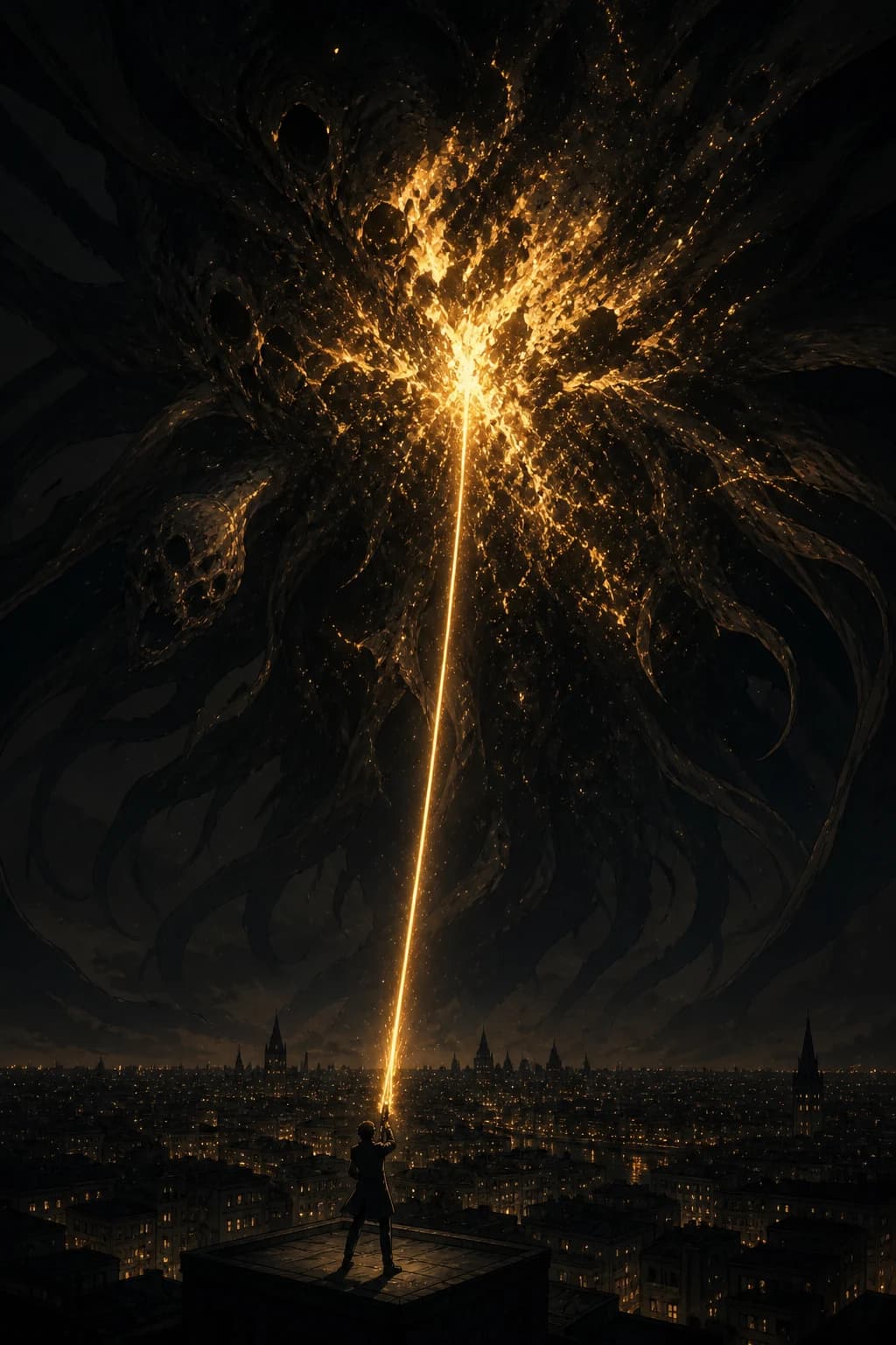 Tall anime illustration in near-black and gold. A colossal many-limbed shadow entity the size of a weather system hangs over an entire sleeping city, blotting out the sky from horizon to horizon, its underside erupting into golden light and ash. Far below, alone on a small rooftop and almost lost in the frame, a man braces a rifle of golden light aimed straight up; a single narrow lance rises from the muzzle across the whole height of the picture and detonates inside the thing.