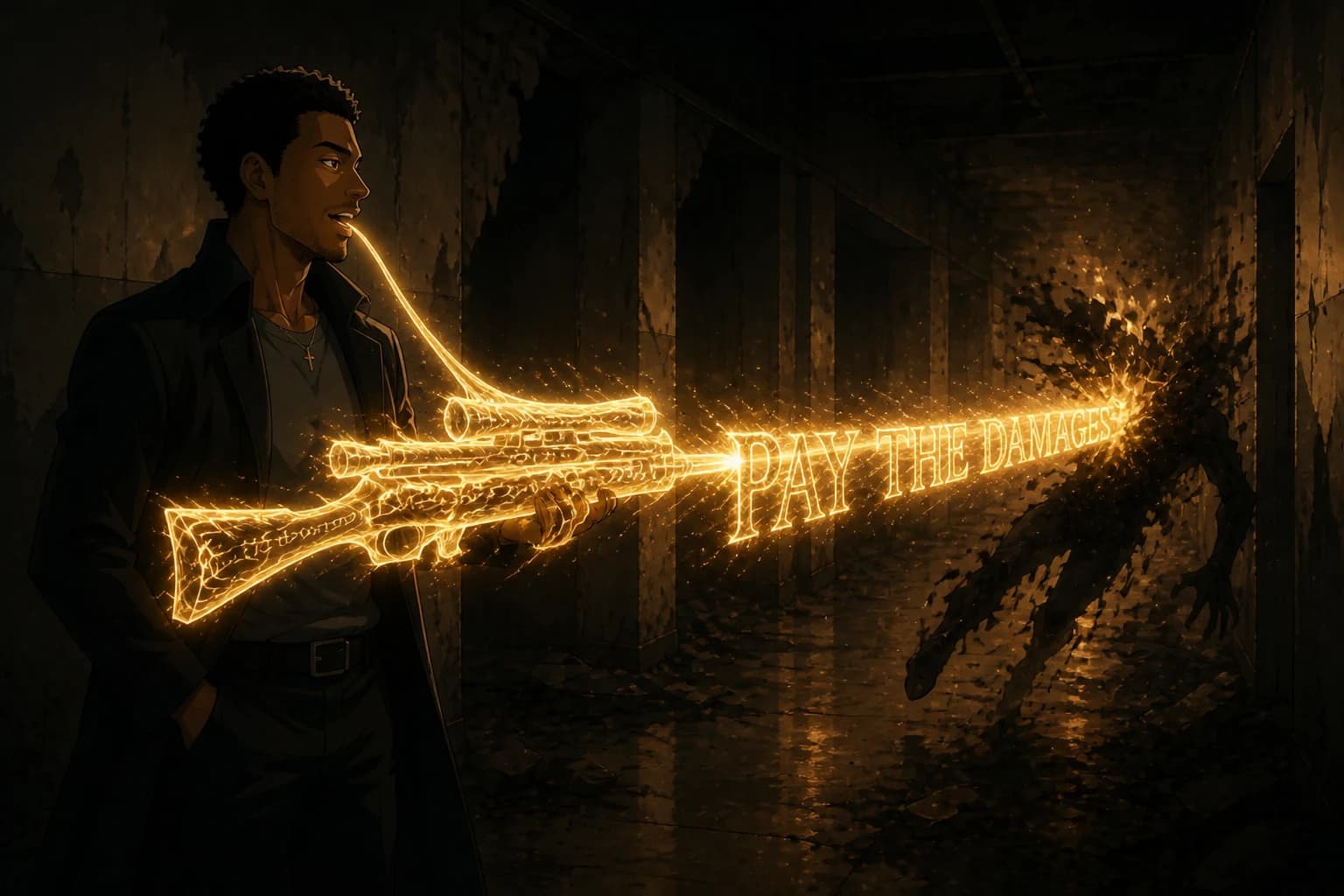Anime illustration. In a wrecked apartment corridor at night a man stands at the left holding a rifle of golden light level, mouth open mid-sentence. From the muzzle the words PAY THE DAMAGES recede down the hallway in perspective, lighting the ruined walls, as a shadow-creature flees away and comes apart into ash.