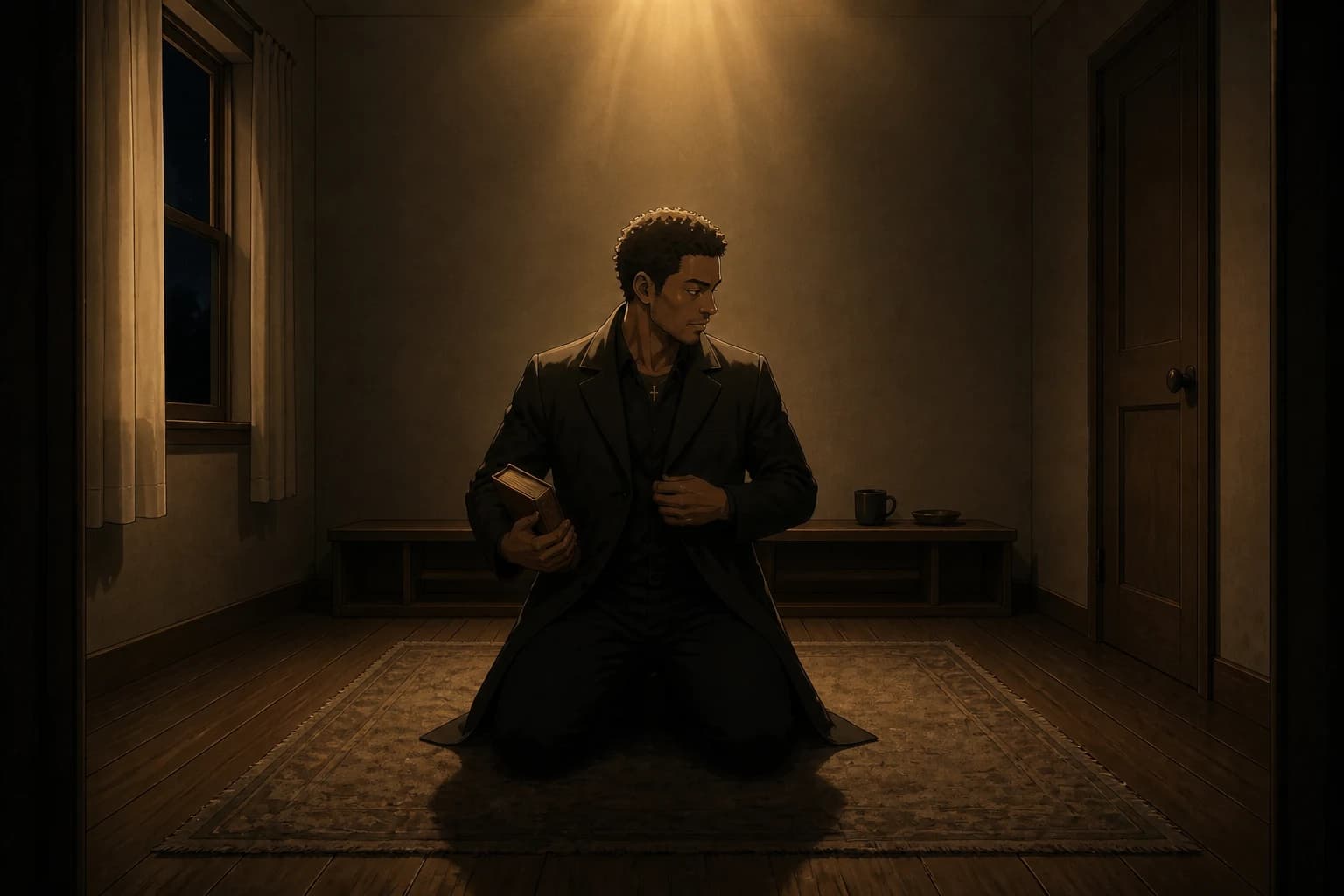 Anime illustration. In a small tidy room at night, a man rises from a rug with his dark overcoat on, a worn book held in one hand, turning toward a shut door. The last of a golden light from above is fading off his shoulders. His expression is calm and settled.