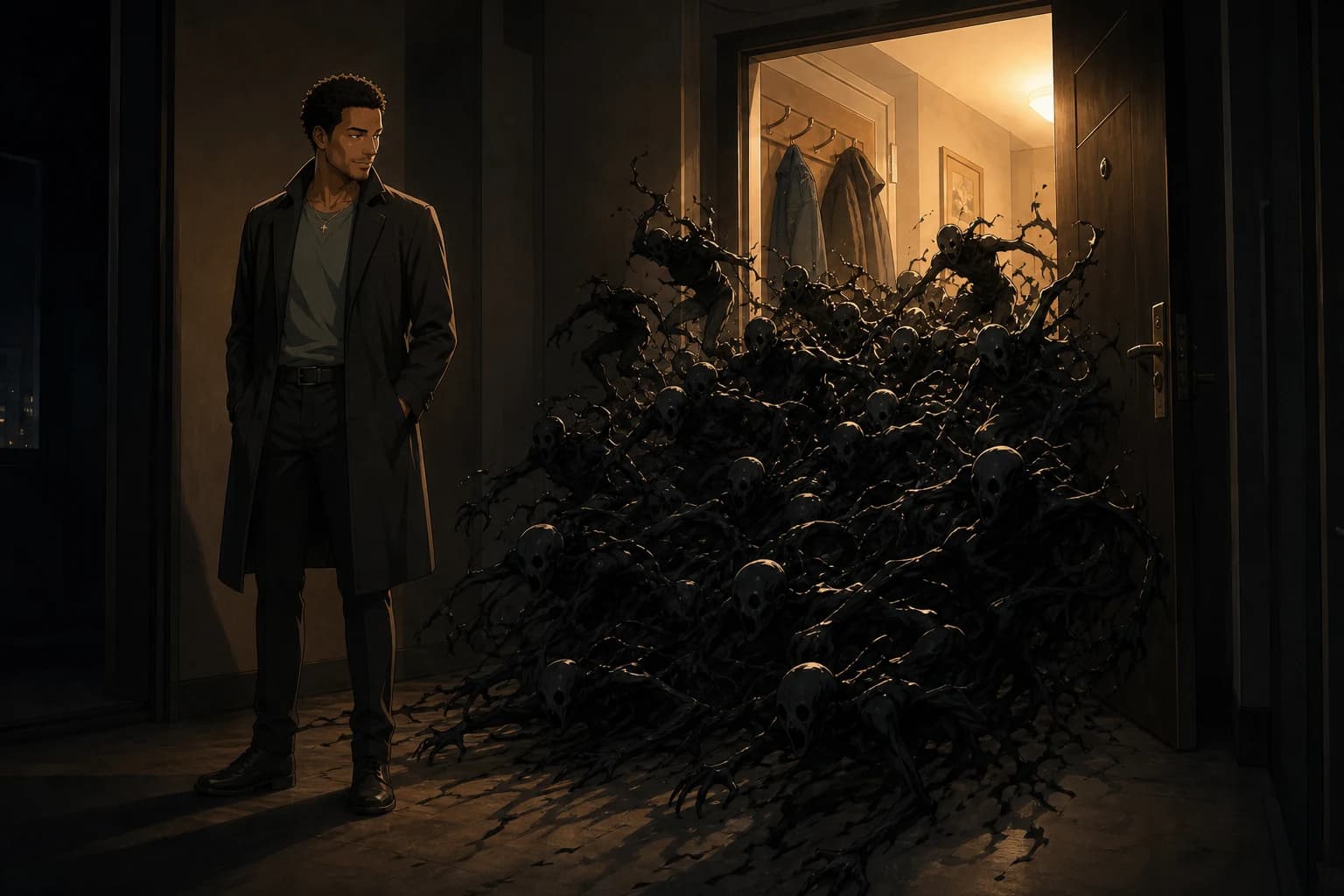Anime illustration. An ordinary suburban apartment doorway stands open at night with warm hallway light and coats on hooks visible inside. Dozens of small gaunt shadow-creatures pour out of it in a panicking torrent, scrambling over one another. A man leans calmly against the door frame with his hands in his pockets, not looking at them.