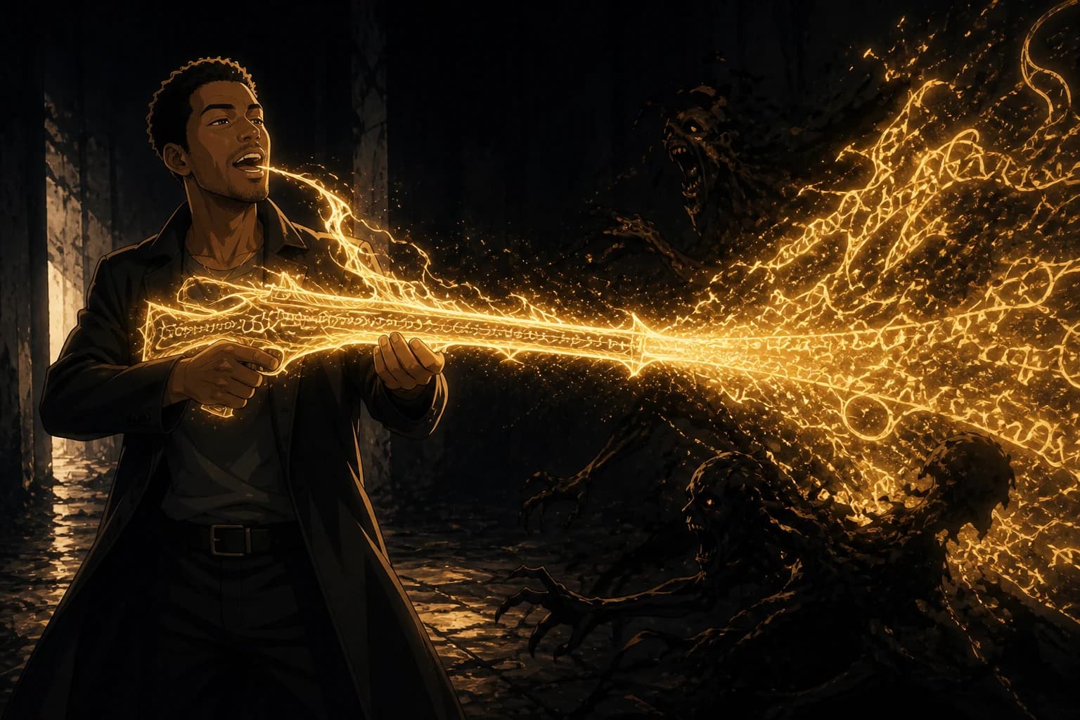 Anime illustration. A man stands in a dark hall holding a rifle of golden light, mouth open, head slightly back, his face open rather than commanding. From the muzzle pours a wide torrent of flowing golden script: dense looping letterforms that are clearly writing but belong to no language and spell nothing. Shadow-creatures dissolve wherever it touches them.