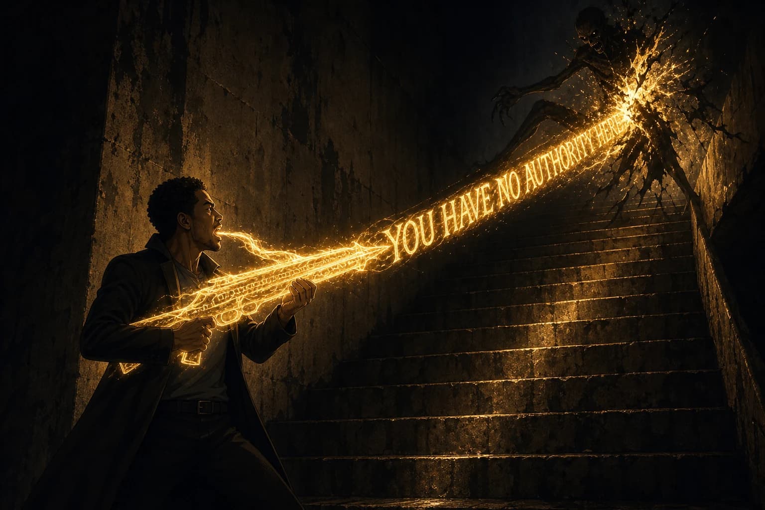 Anime illustration in near-black and gold. In a dark stairwell a man shoulders a translucent rifle made of golden light, his mouth open mid-sentence, a thread of light running from his mouth into the weapon. From the muzzle a lance of golden letters reading YOU HAVE NO AUTHORITY HERE streams up the stairs in perspective and bursts against a gaunt shadow-creature at the top.